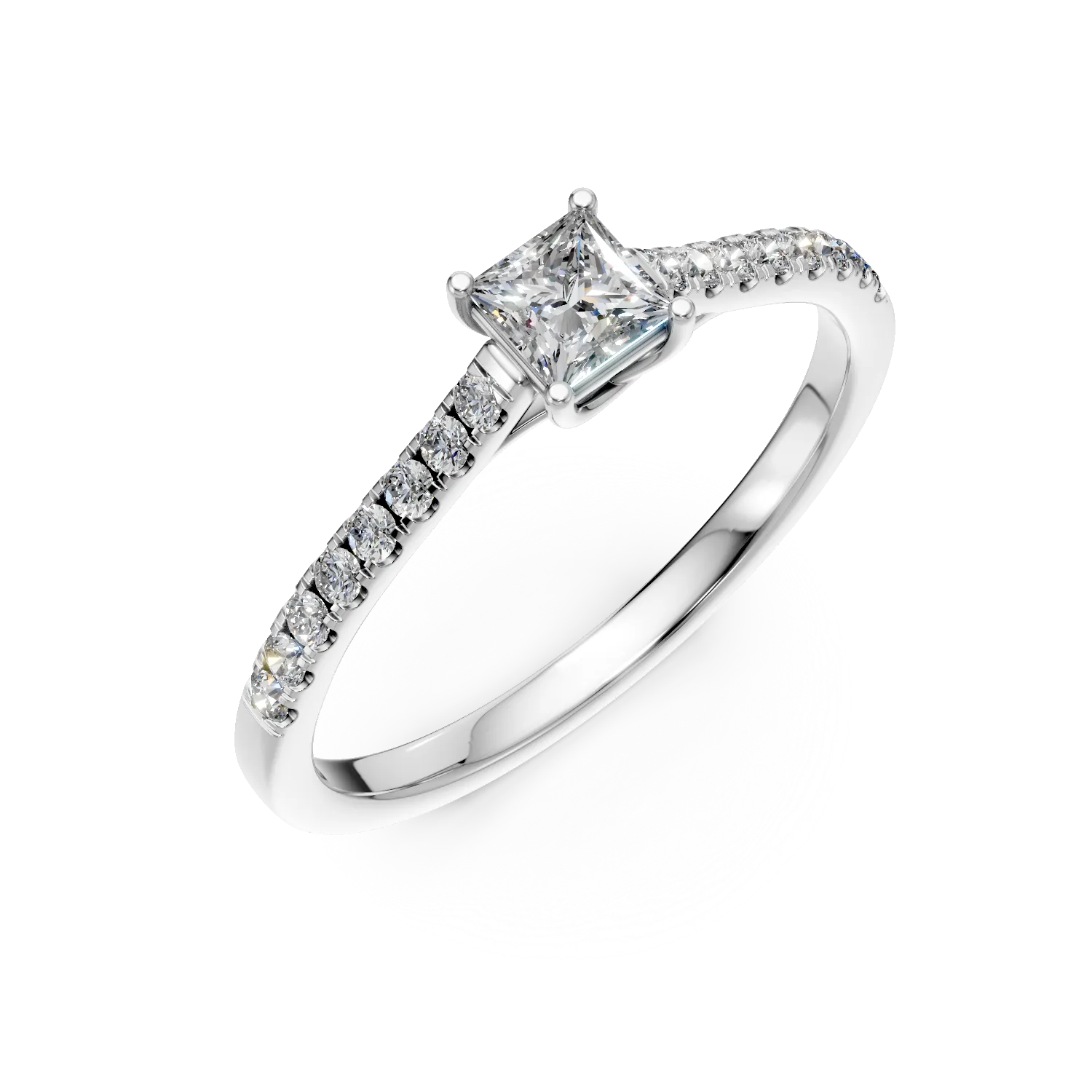 Inel de logodna din aur alb cu diamant princess de 0.3ct si diamante de 0.1ct