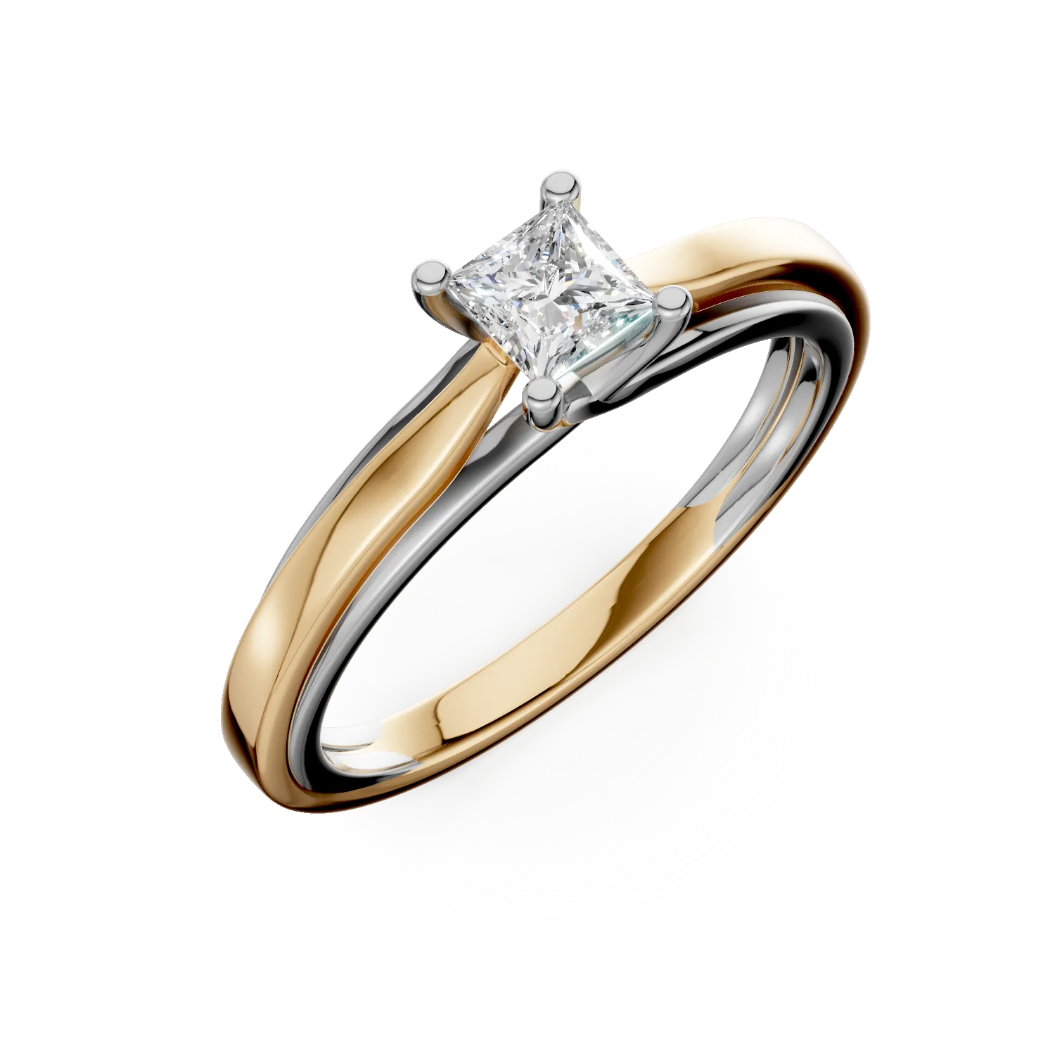 Inel de logodna din aur alb-galben cu diamant princess solitaire de 0.4ct 1 Inel de logodna din aur alb-galben cu diamant princess solitaire de 0.4ct