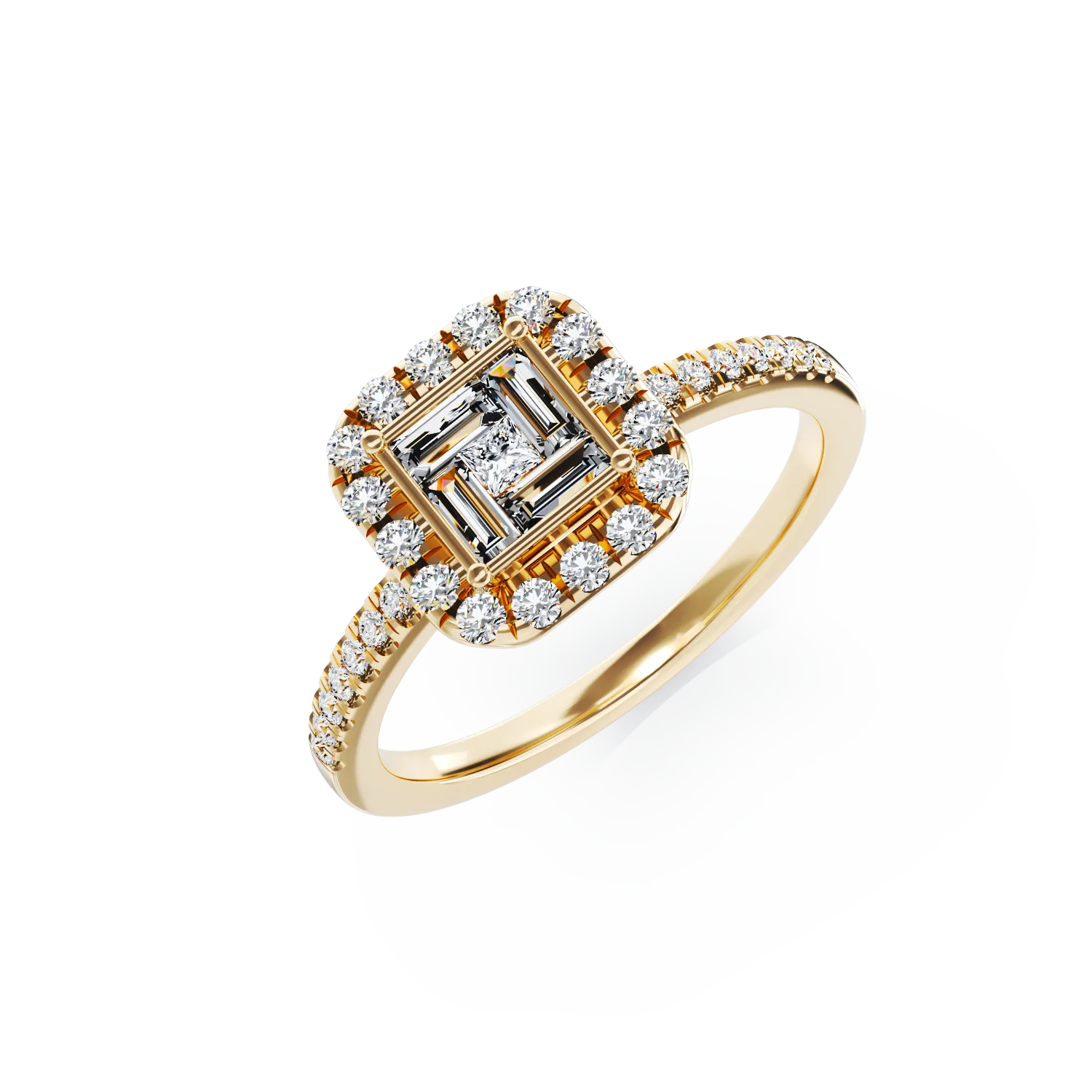 Inel de logodna din aur galben cu diamante baguette, princess si rotunde de 0.4ct 1 Inel de logodna din aur galben cu diamante baguette, princess si rotunde de 0.4ct