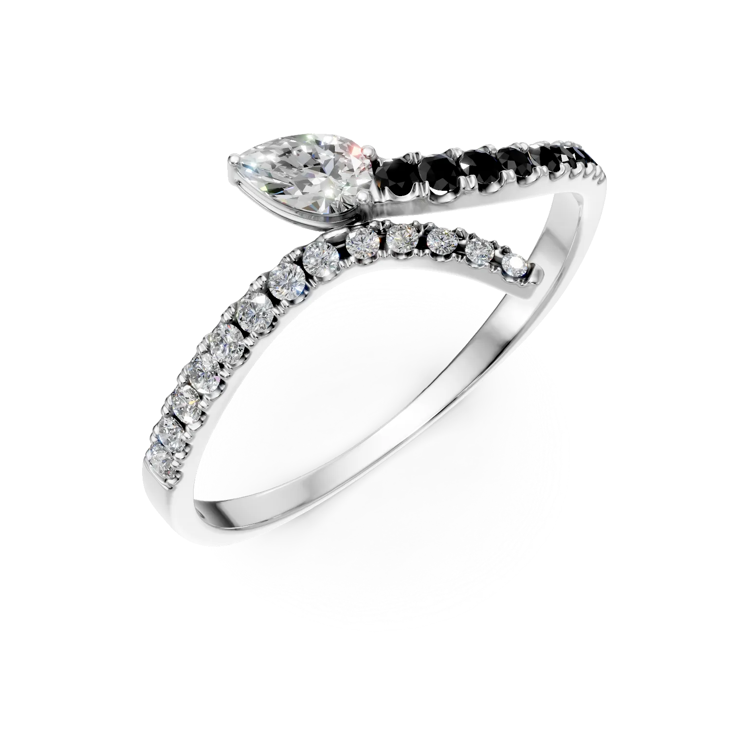 Inel deschis din aur alb cu diamante negre si diamante incolore pear si rotunde de 0.3ct