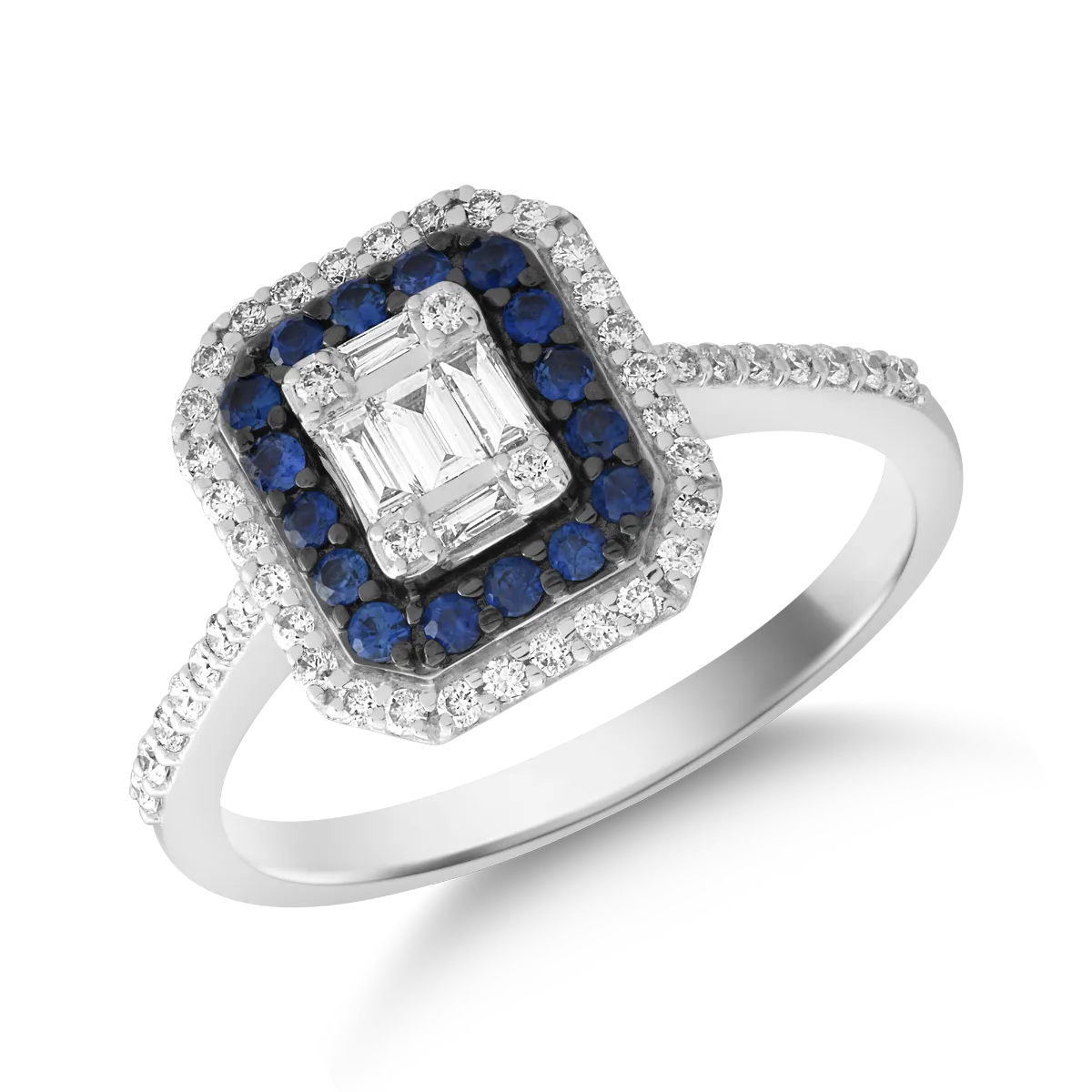 Inel din aur alb cu diamante baguette si rotunde de 0.1ct si safire de 0.2ct 1 Inel din aur alb cu diamante baguette si rotunde de 0.1ct si safire de 0.2ct