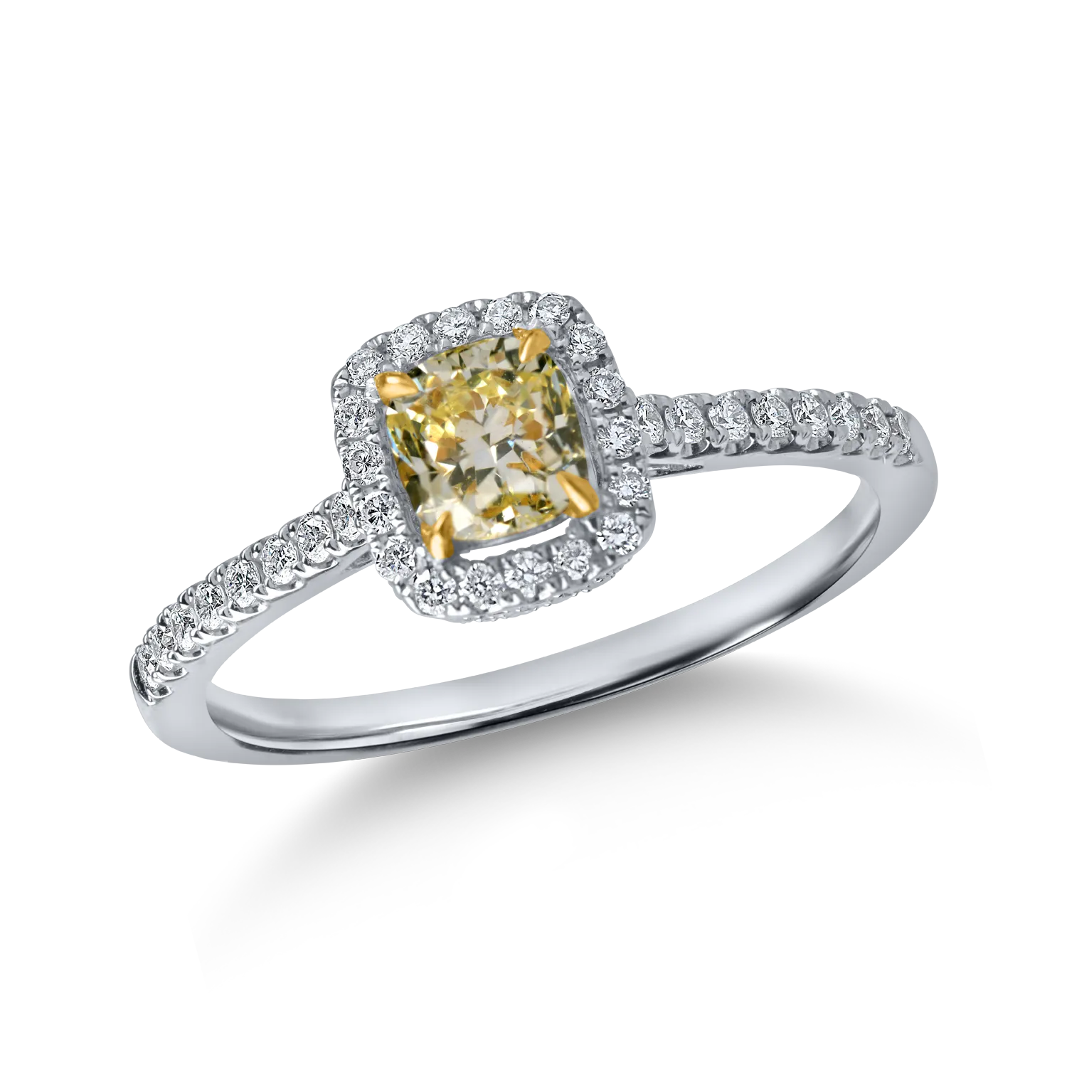 Inel din aur alb-galben cu diamante fancy galbene si incolore cushion de 0.9ct