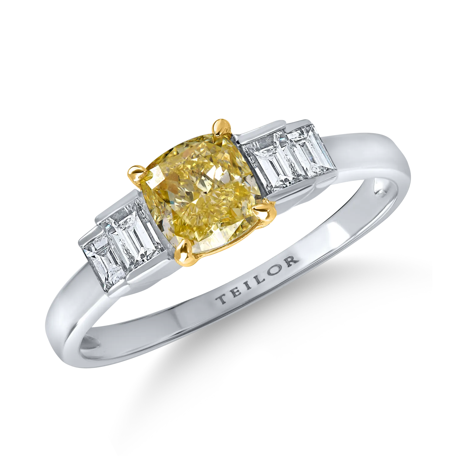 Inel din aur alb-galben cu un diamant galben cushion de 1ct si diamante incolore de 0.3ct