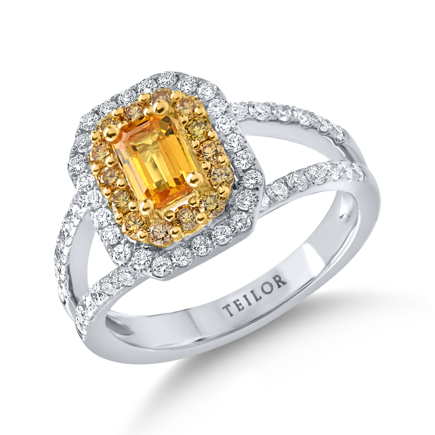 Inel din aur alb-galben cu un safir galben octogonal de 0.6ct si diamante de 0.7ct 1 Inel din aur alb-galben cu un safir galben octogonal de 0.6ct si diamante de 0.7ct
