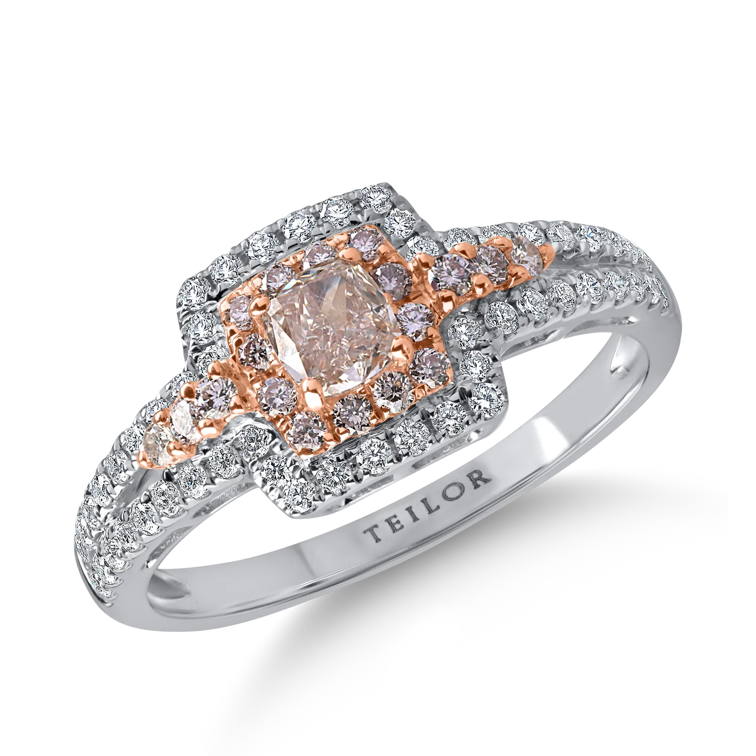 Inel din aur alb-roz cu diamante roz rectangulare si rotunde si diamante incolore de 0.8ct