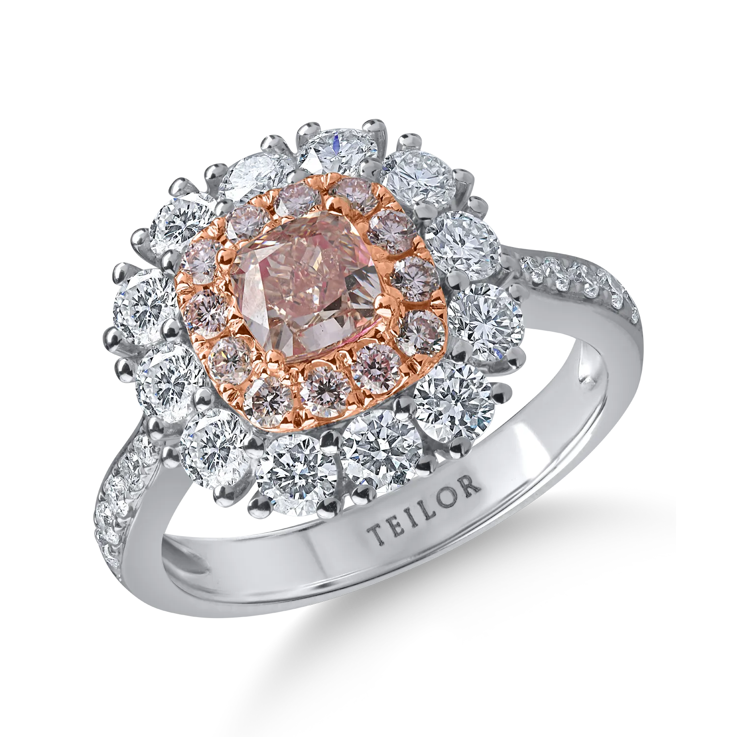 Inel din aur alb-roz cu un diamant fancy roz cushion de 0.7ct si diamante roz si incolore de 1.5ct