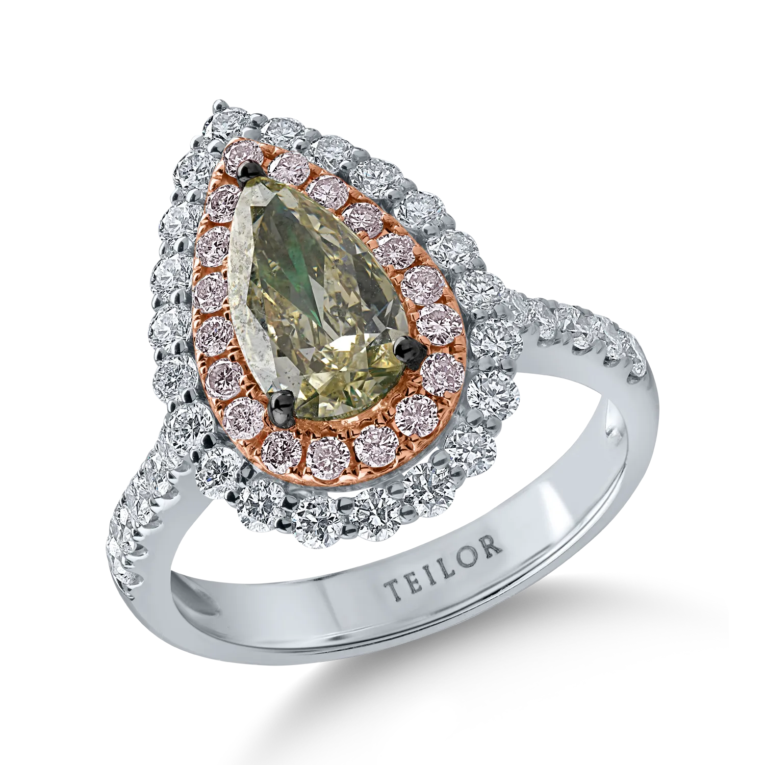 Inel din aur alb-roz cu un diamant verde central pear de 1.27ct si diamante incolore si roz halo pave de 1.12ct