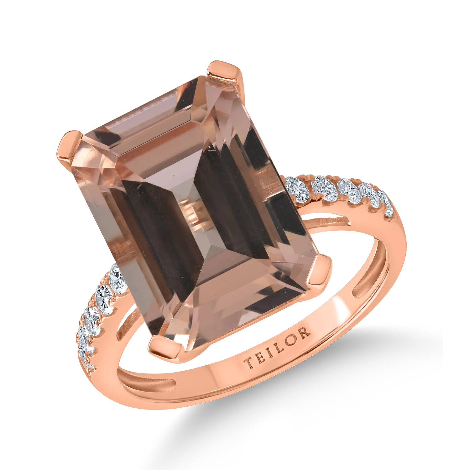 Inel din aur roz cu morganit octogonal de 6.6ct si diamante de 0.2ct 1 Inel din aur roz cu morganit octogonal de 6.6ct si diamante de 0.2ct