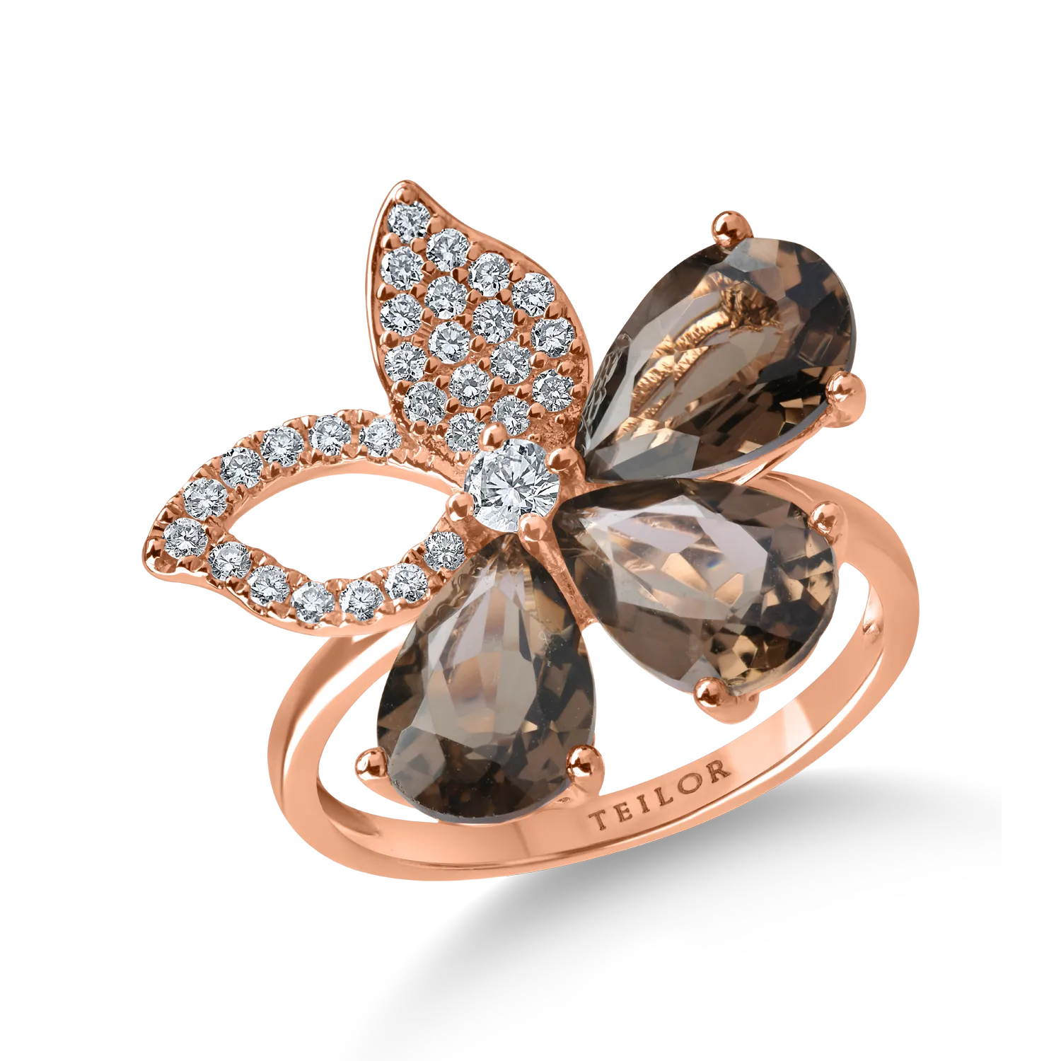Inel floare din aur roz cu cuart fumuriu pear de 3.3ct si diamante de 0.2ct 1 Inel floare din aur roz cu cuart fumuriu pear de 3.3ct si diamante de 0.2ct