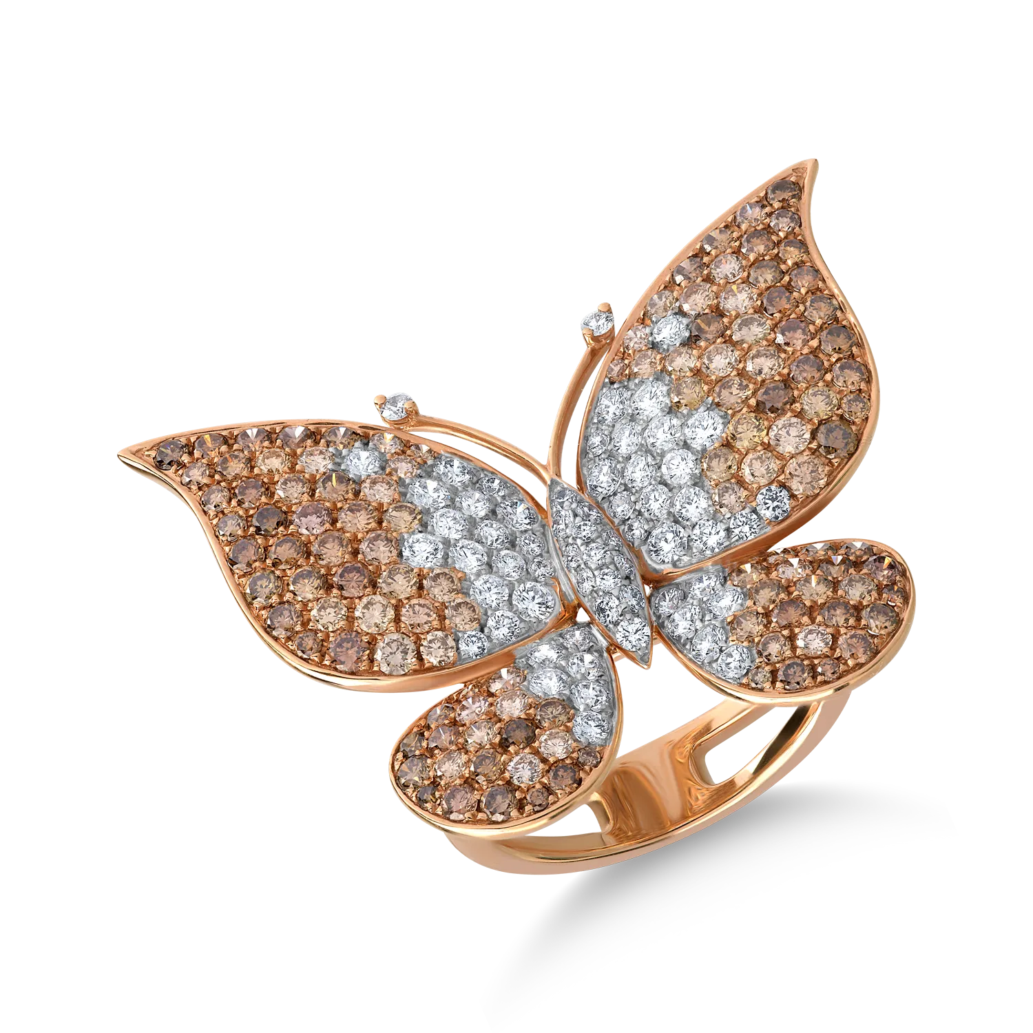 Inel fluture din aur roz cu diamante maro de 2.3ct si diamante transparente de 0.98ct 1 Inel fluture din aur roz cu diamante maro de 2.3ct si diamante transparente de 0.98ct