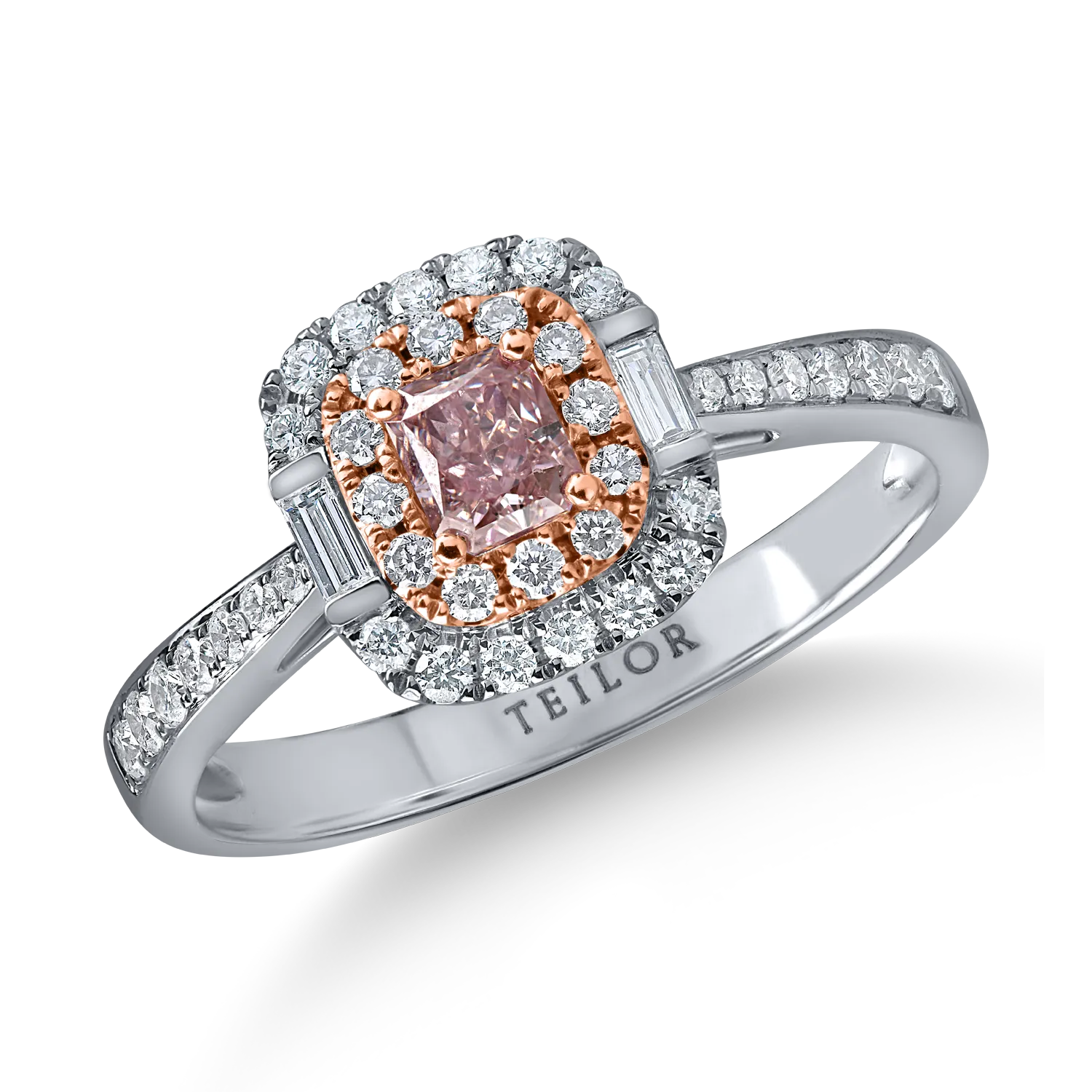 Inel geometric din aur alb-roz cu diamante roz cushion si rotunde si incolore baguette si rotunde de 0.68ct