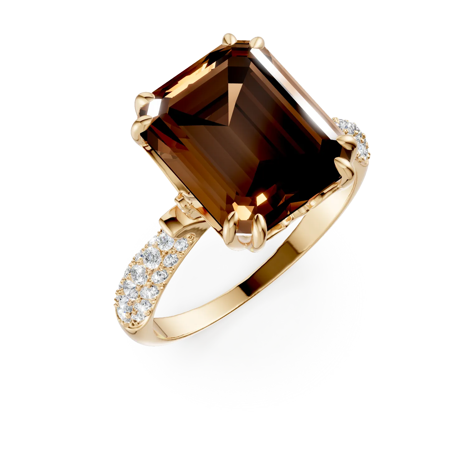 Inel geometric din aur galben cu cuart fumuriu octogonal de 5.6ct si diamante de 0.3ct 1 Inel geometric din aur galben cu cuart fumuriu octogonal de 5.6ct si diamante de 0.3ct