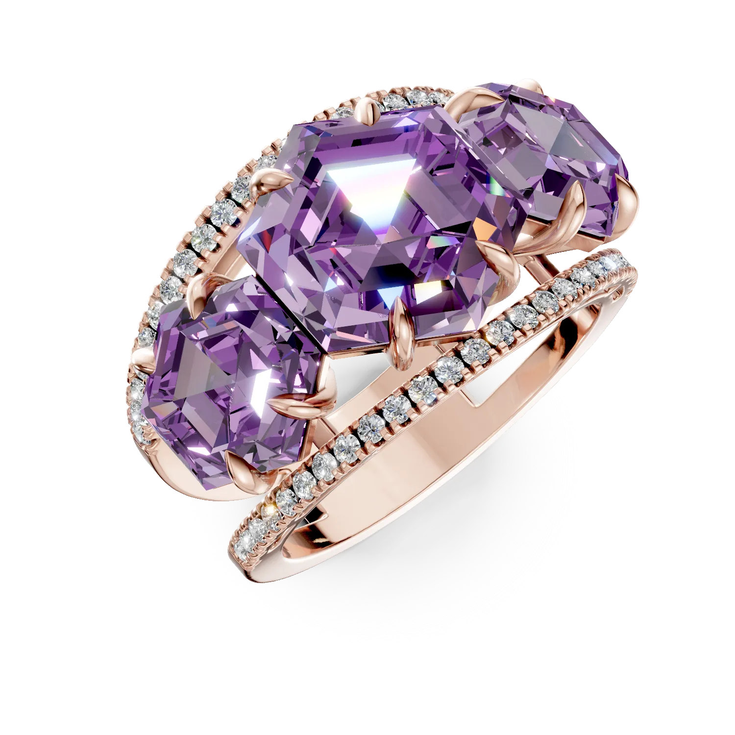 Inel geometric din aur roz cu ametiste hexagonale de 4.4ct si diamante de 0.3ct 1 Inel geometric din aur roz cu ametiste hexagonale de 4.4ct si diamante de 0.3ct