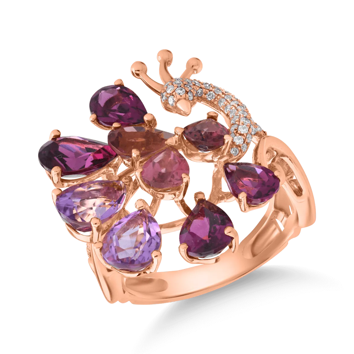 Inel paun din aur roz cu pietre pretioase si semipretioase de 5.78ct 1 Inel paun din aur roz cu pietre pretioase si semipretioase de 5.78ct