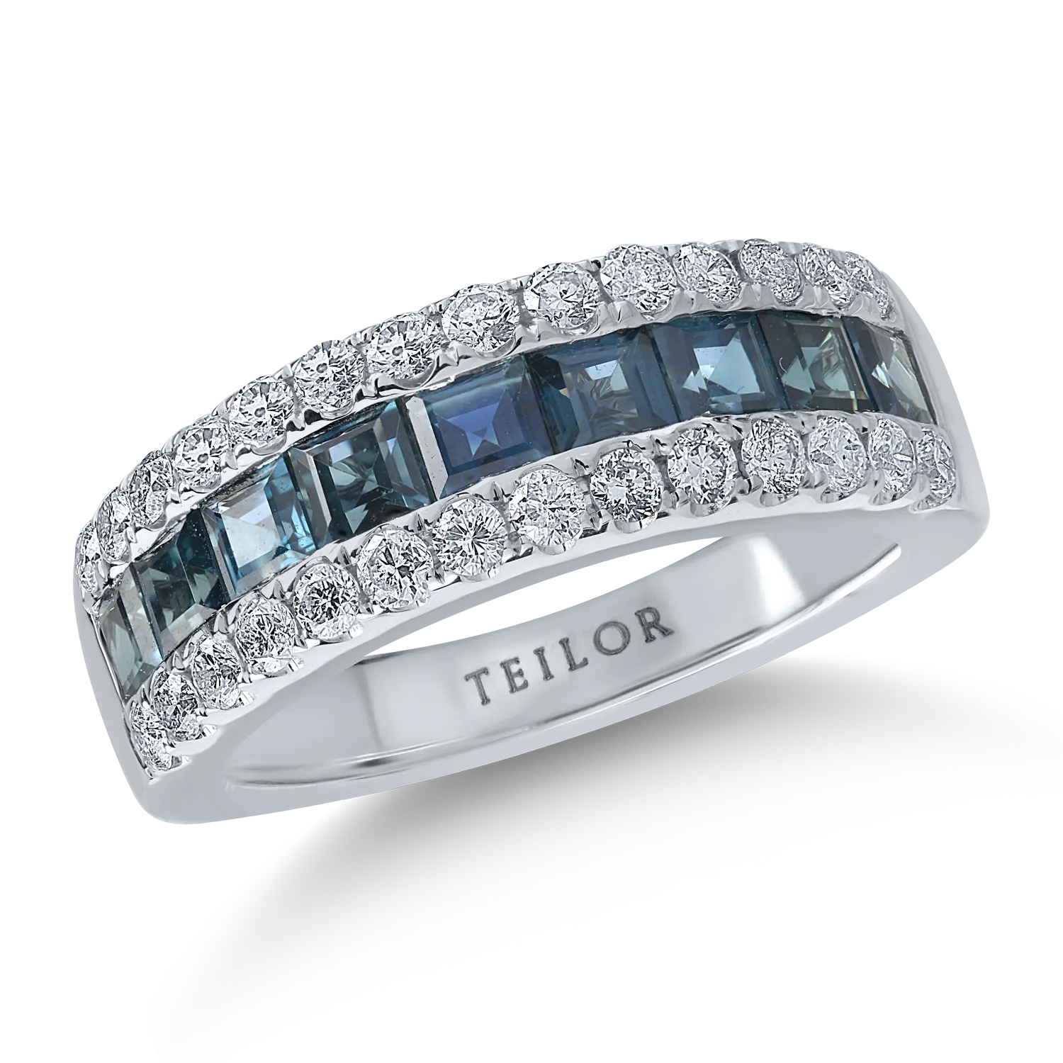 Inel semi eternity din aur alb cu safire princess de 1.79ct si diamante de 0.7ct