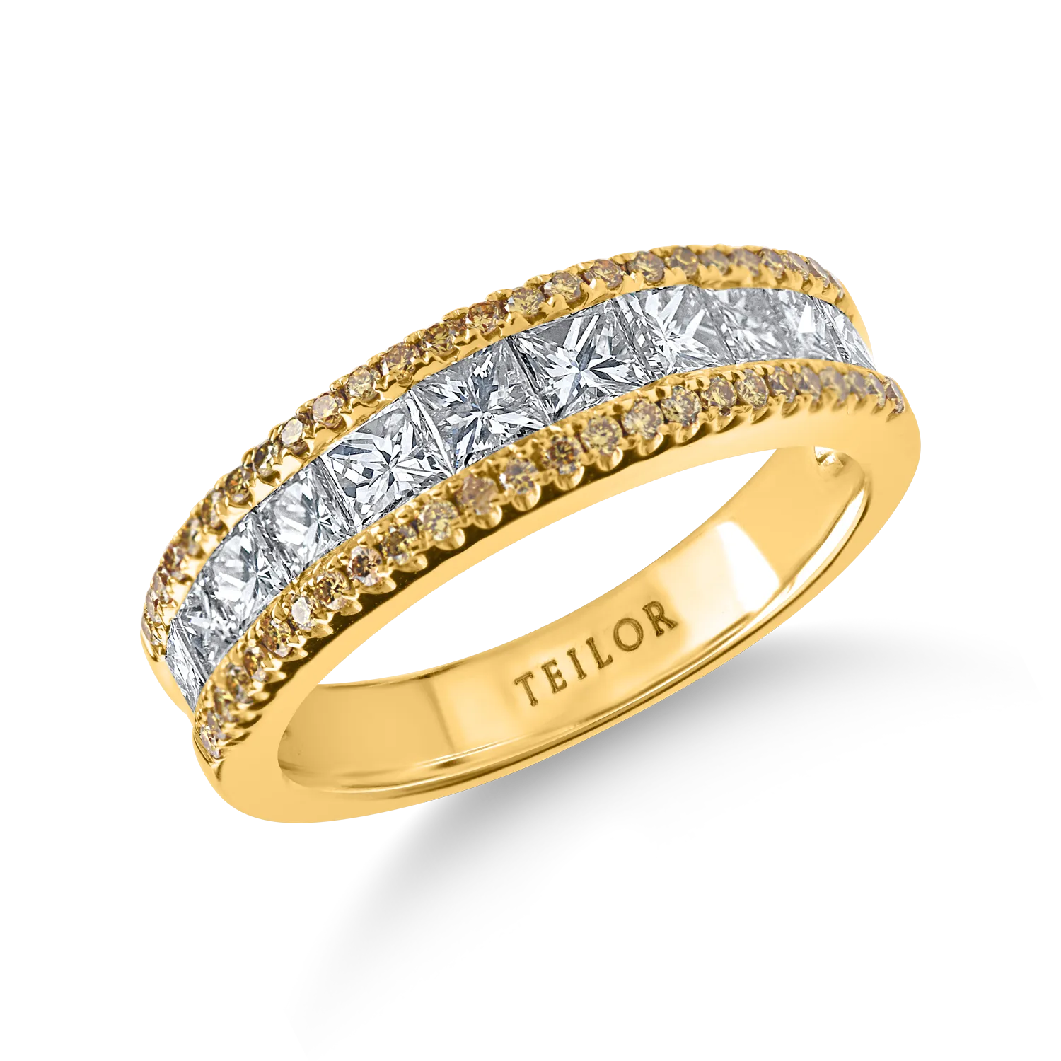 Inel semi-eternity din aur galben cu diamante galbene si diamante incolore princess de 1.4ct