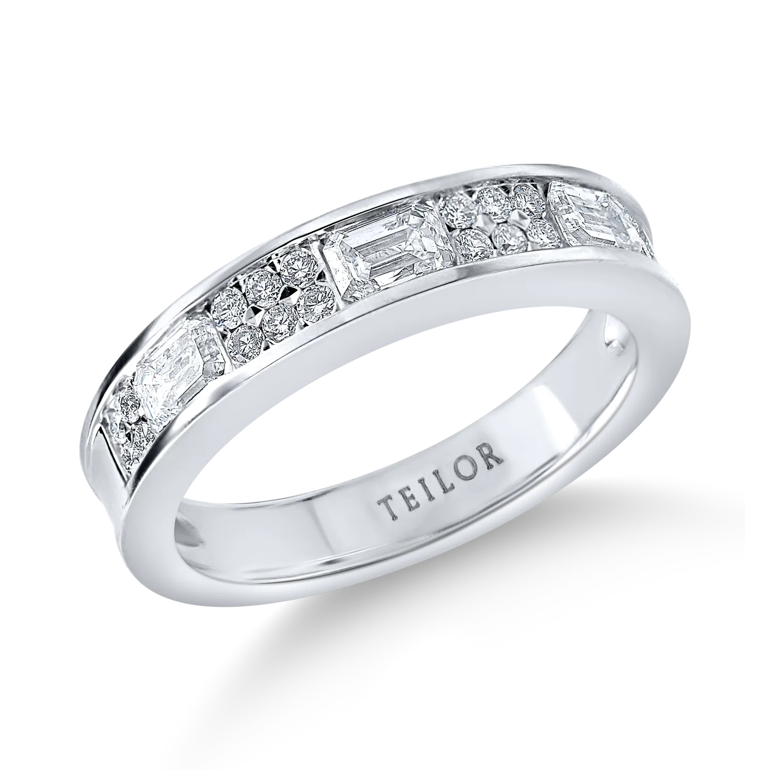 Inel semieternity din aur alb cu diamante emerald si rotunde de 0.8ct