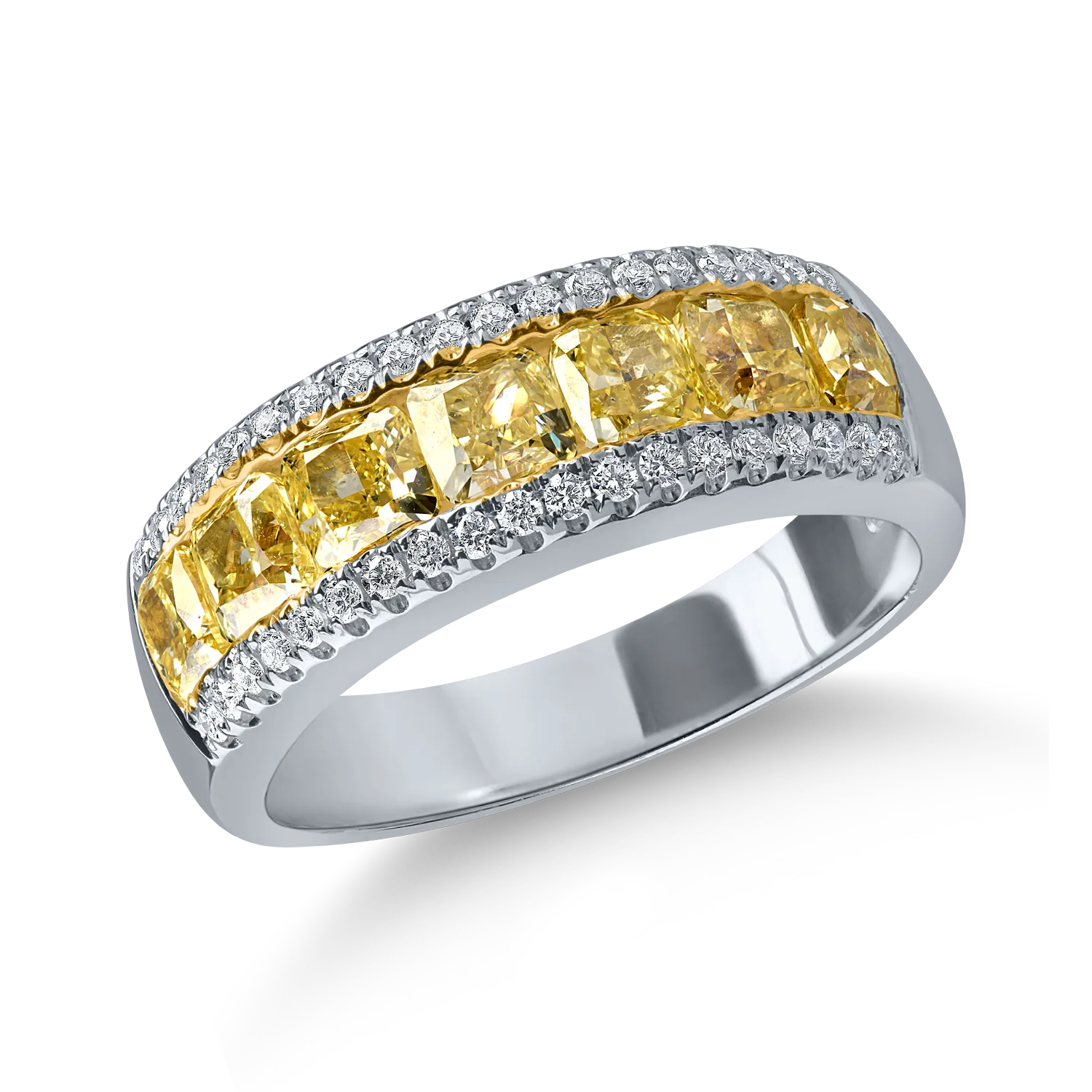 Inel semi eternity din aur alb galben cu diamante galbene cushion de 2ct si diamante de 0.2ct