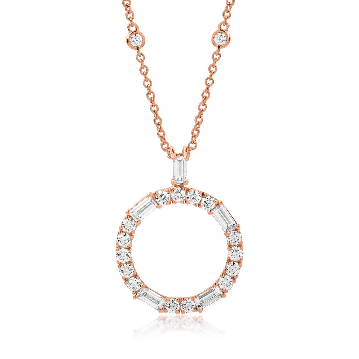 Lant cu pandantiv cerc din aur roz cu diamante baguette si rotunde de 1.38ct