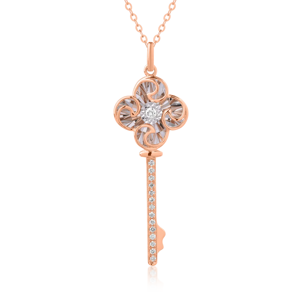Lant cu pandantiv cheie din aur roz cu diamant de 0.017ct si diamante de 0.047ct
