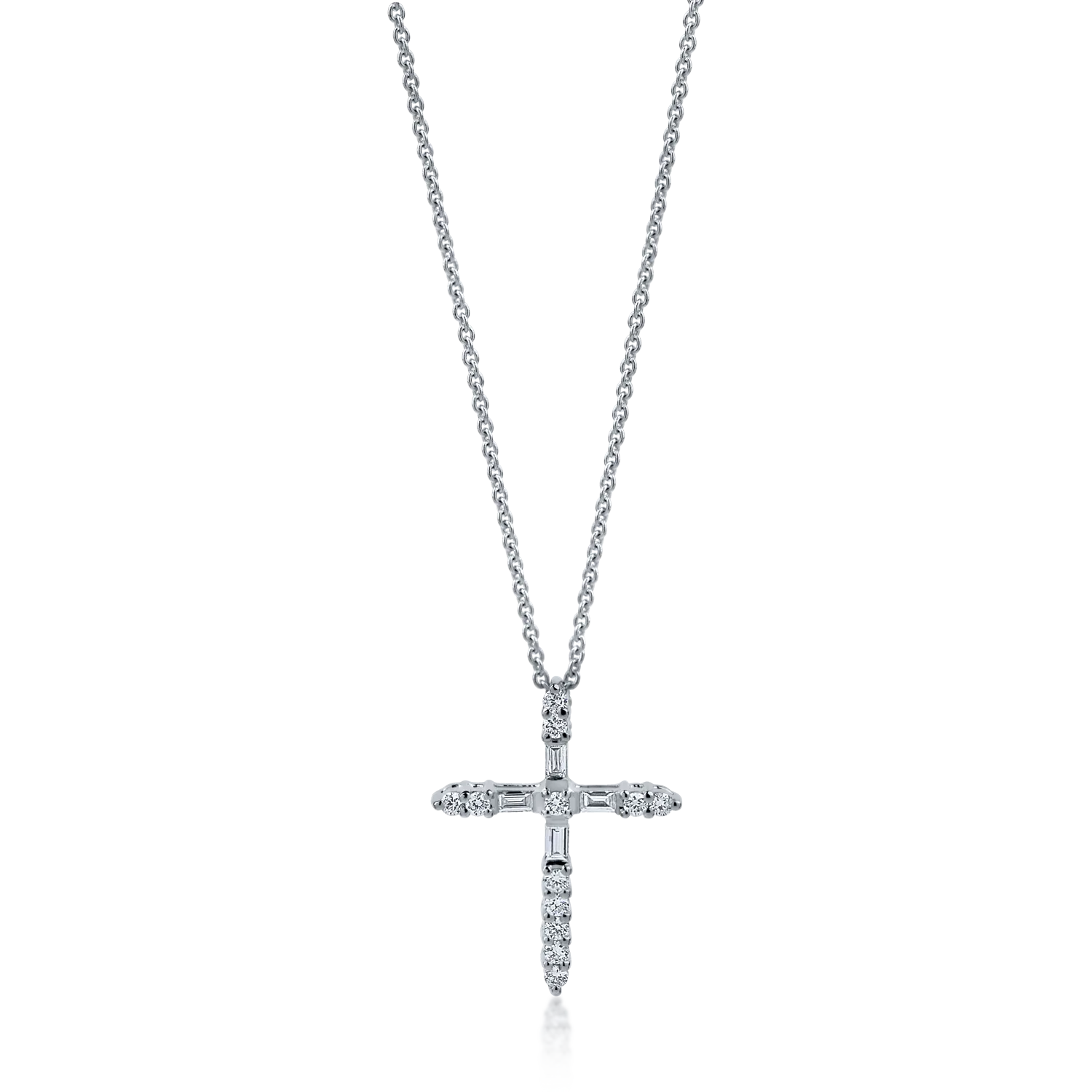 Lant cu pandantiv cruce din aur alb cu diamante baguette si rotunde de 0.29ct