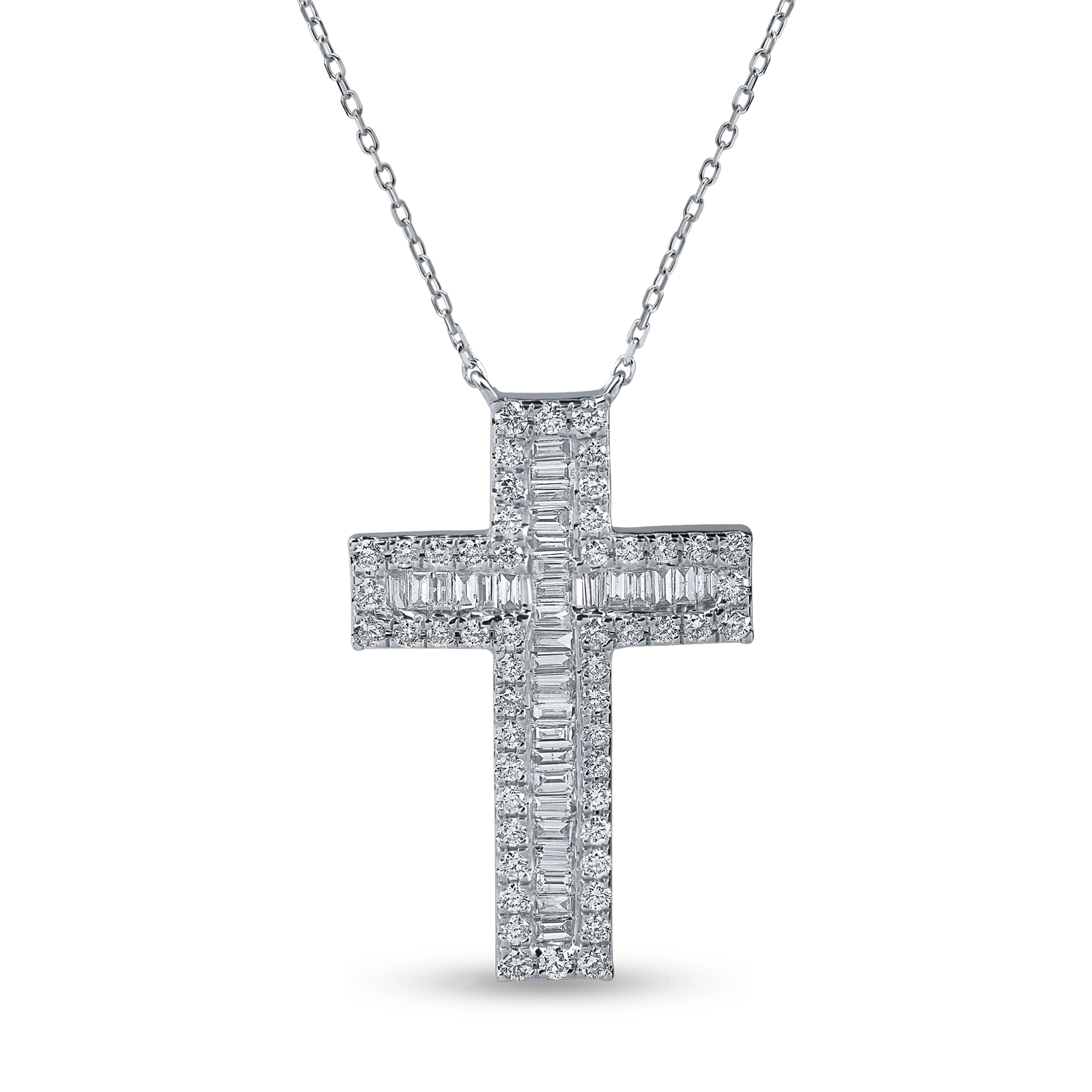 Lant cu pandantiv cruce din aur alb cu diamante baguette si rotunde de 0.7ct