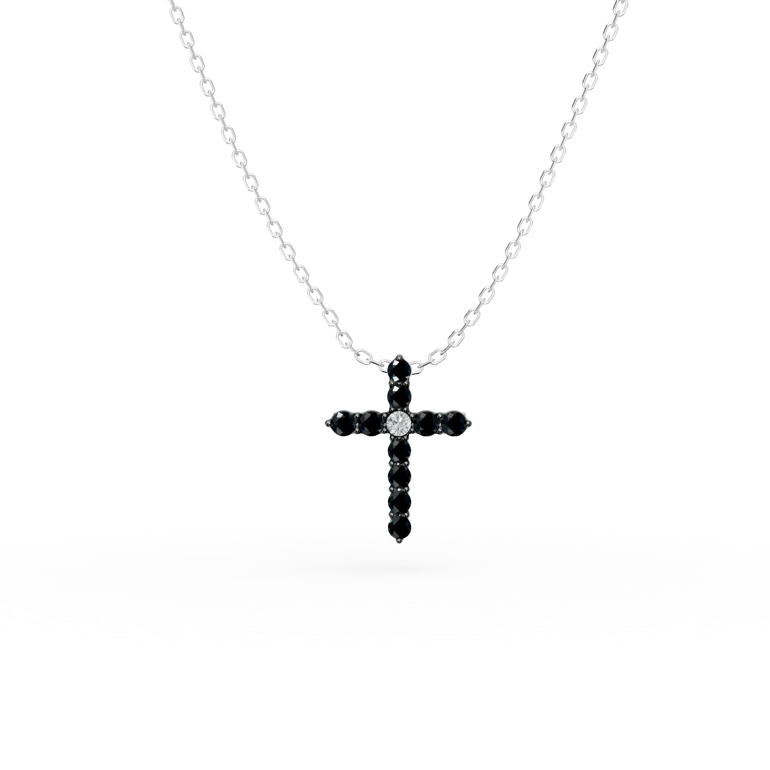 Lant cu pandantiv cruce din aur alb cu diamante incolore de 0.01ct si diamante negre de 0.09ct