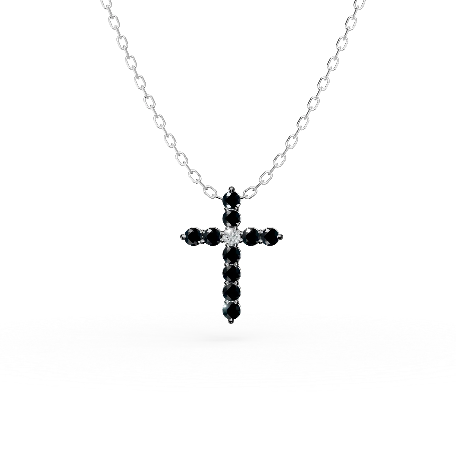 Lant cu pandantiv cruce din aur alb cu diamante negre de 0.3ct si diamant incolor de 0.03ct