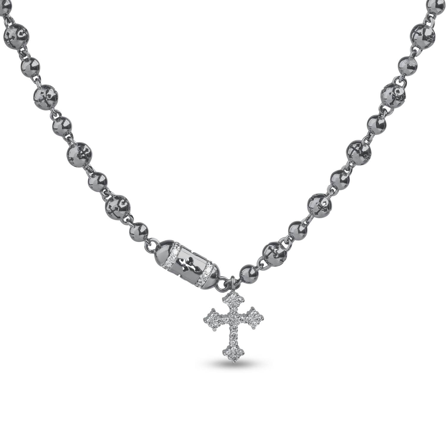 Lant cu pandantiv cruce din aur negru cu diamante transparente de 0.35ct si diamante negre de 0.17ct