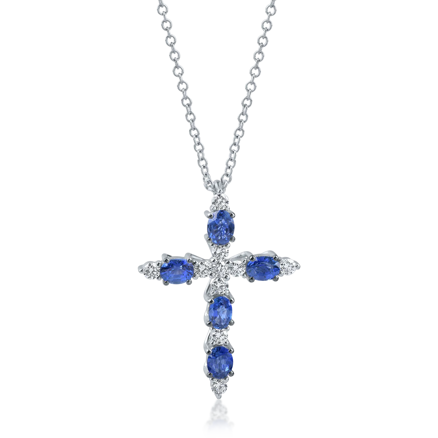 Lant cu pandantiv cruciulita din aur alb cu safire ovale de 1.1ct si diamante de 0.2ct