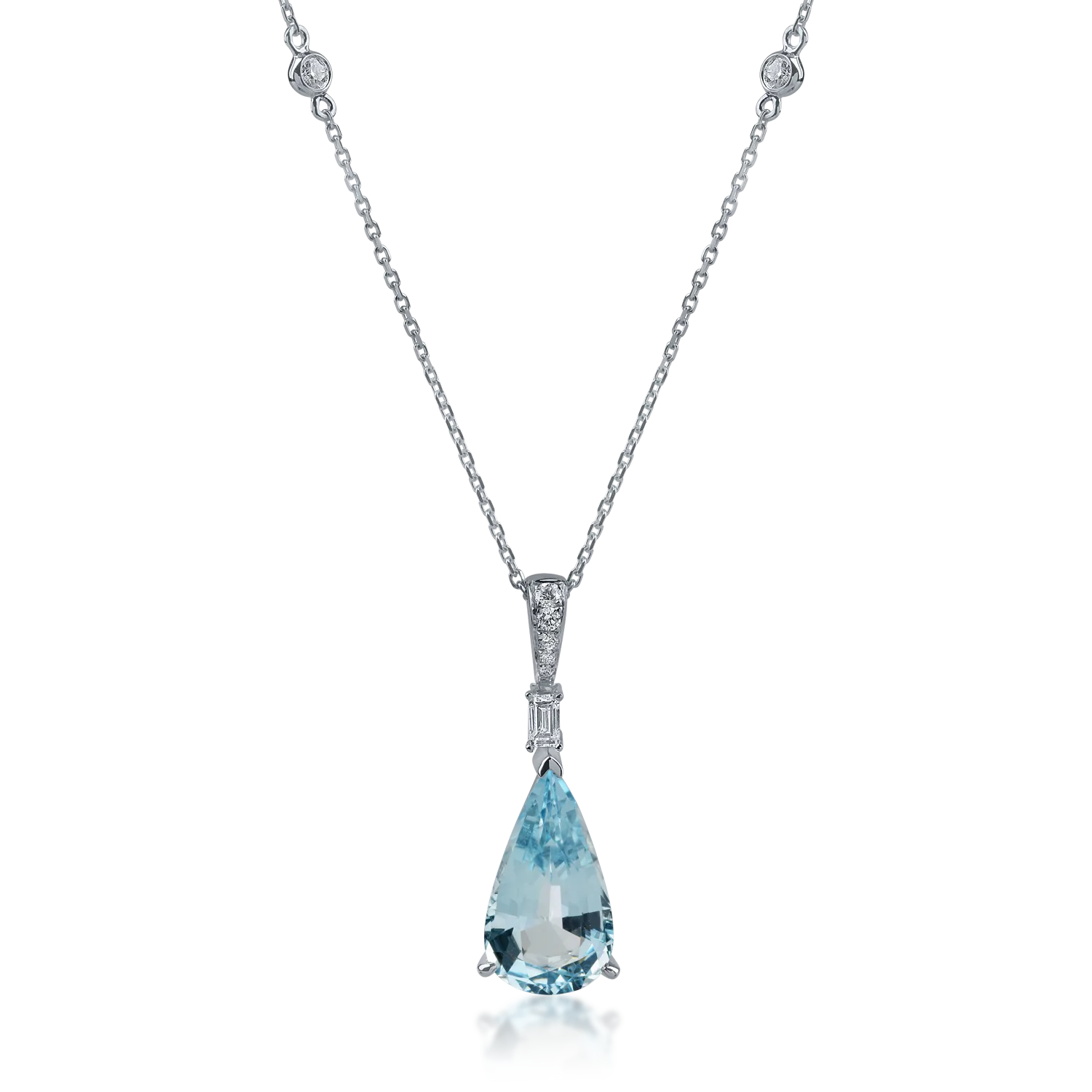 Lant cu pandantiv din aur alb cu acvamarin pear de 3.96ct si diamante baguette si rotunde de 0.15ct