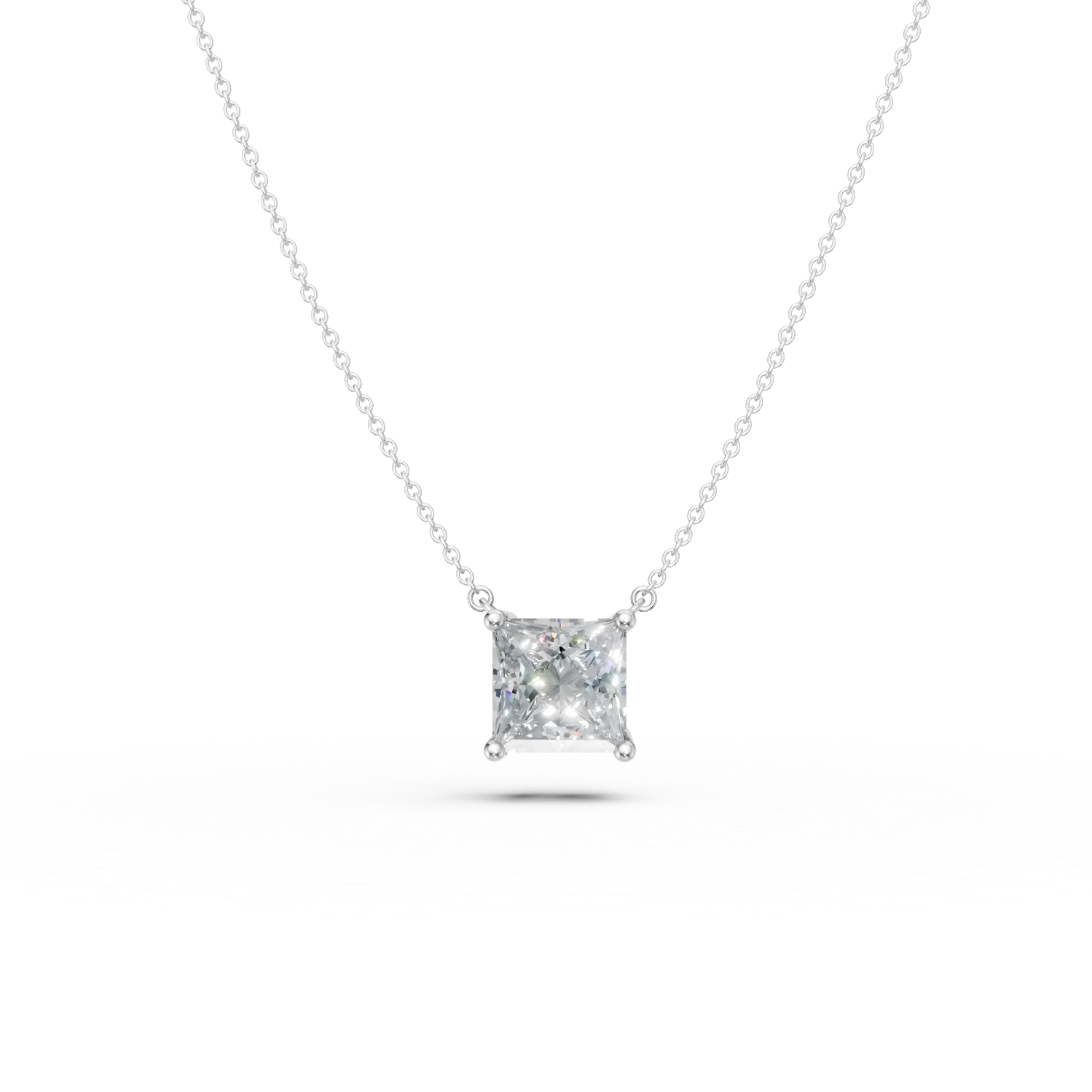 Lant cu pandantiv din aur alb cu diamant princess solitaire de 1ct creat in laborator