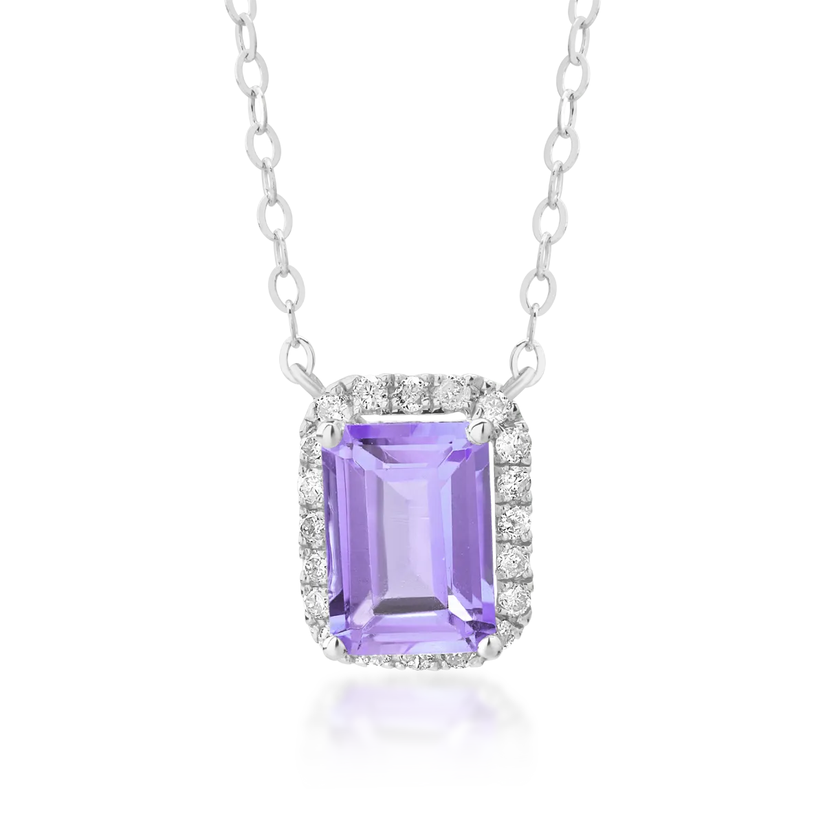 Lant cu pandantiv din aur alb cu ametist emerald de 0.85ct si diamante de 0.12ct