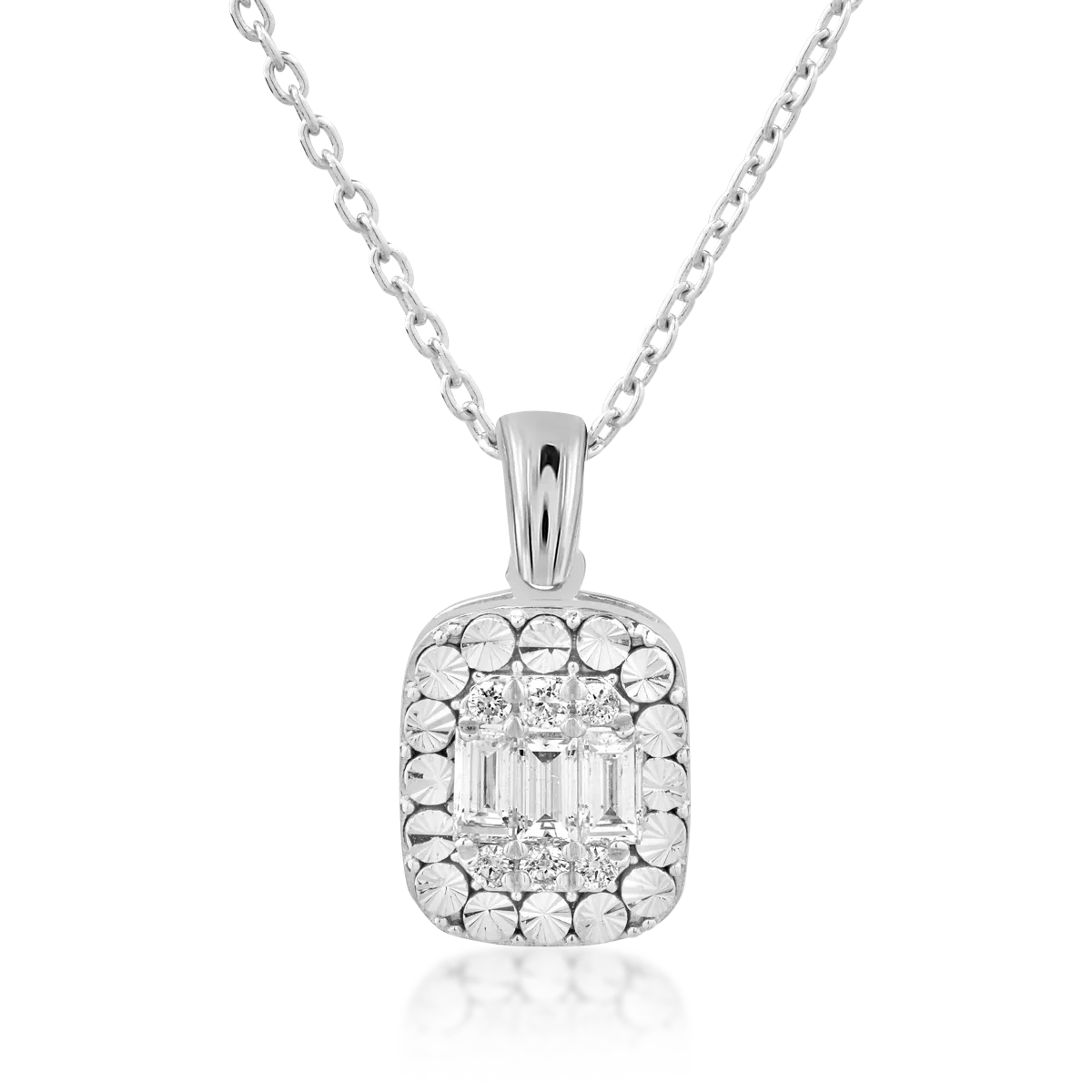 Lant cu pandantiv din aur alb cu diamante baguette si rotunde de 0.28ct 1 Lant cu pandantiv din aur alb cu diamante baguette si rotunde de 0.28ct