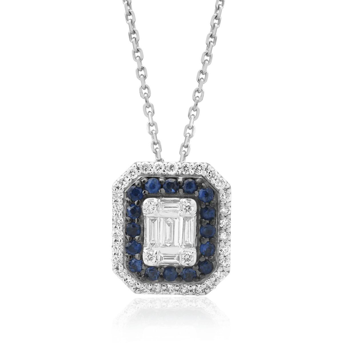 Lant cu pandantiv din aur alb cu diamante baguette si rotunde de 0.74ct si safire de 0.222ct