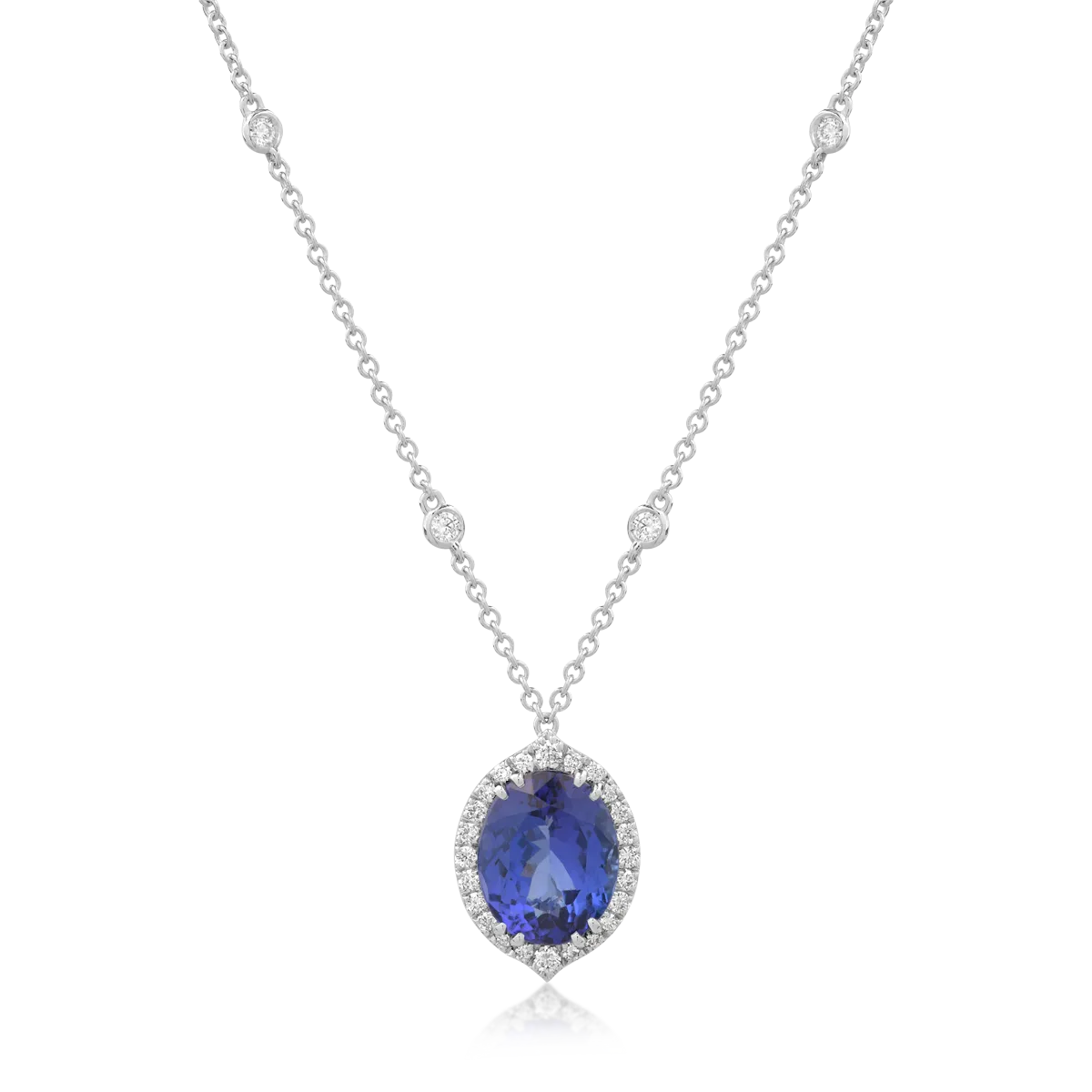 Lant cu pandantiv din aur alb cu tanzanit oval de 4.2ct si diamante de 0.5ct