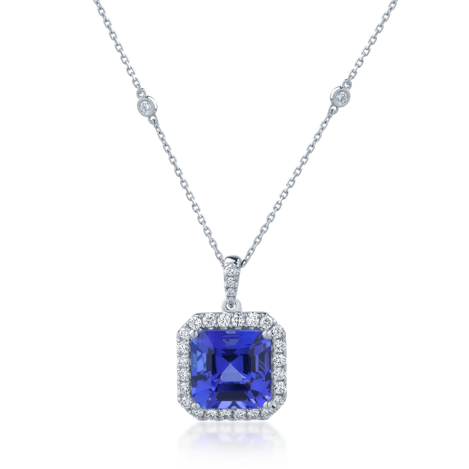 Lant cu pandantiv din aur alb cu tanzanit square de 7.18ct si diamante de 0.63ct 1 Lant cu pandantiv din aur alb cu tanzanit square de 7.18ct si diamante de 0.63ct