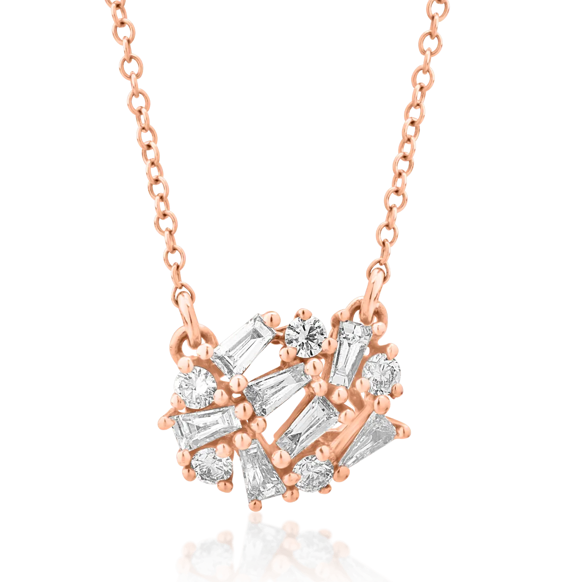 Lant cu pandantiv din aur roz cu diamante baguette si rotunde de 0.226ct 1 Lant cu pandantiv din aur roz cu diamante baguette si rotunde de 0.226ct
