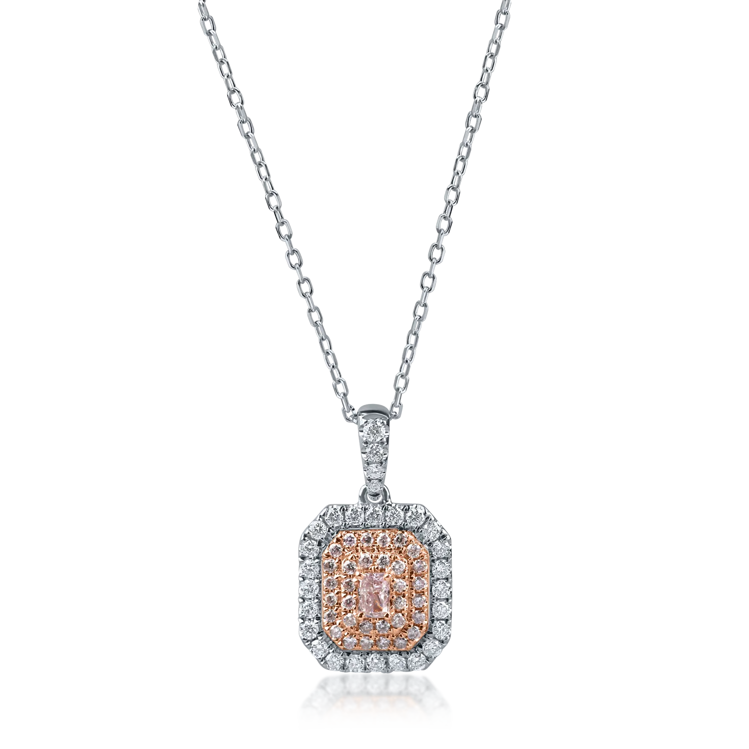 Lant cu pandantiv geometric din aur alb-roz cu diamante roz rectangulare si rotunde si diamante incolore de 0.6ct