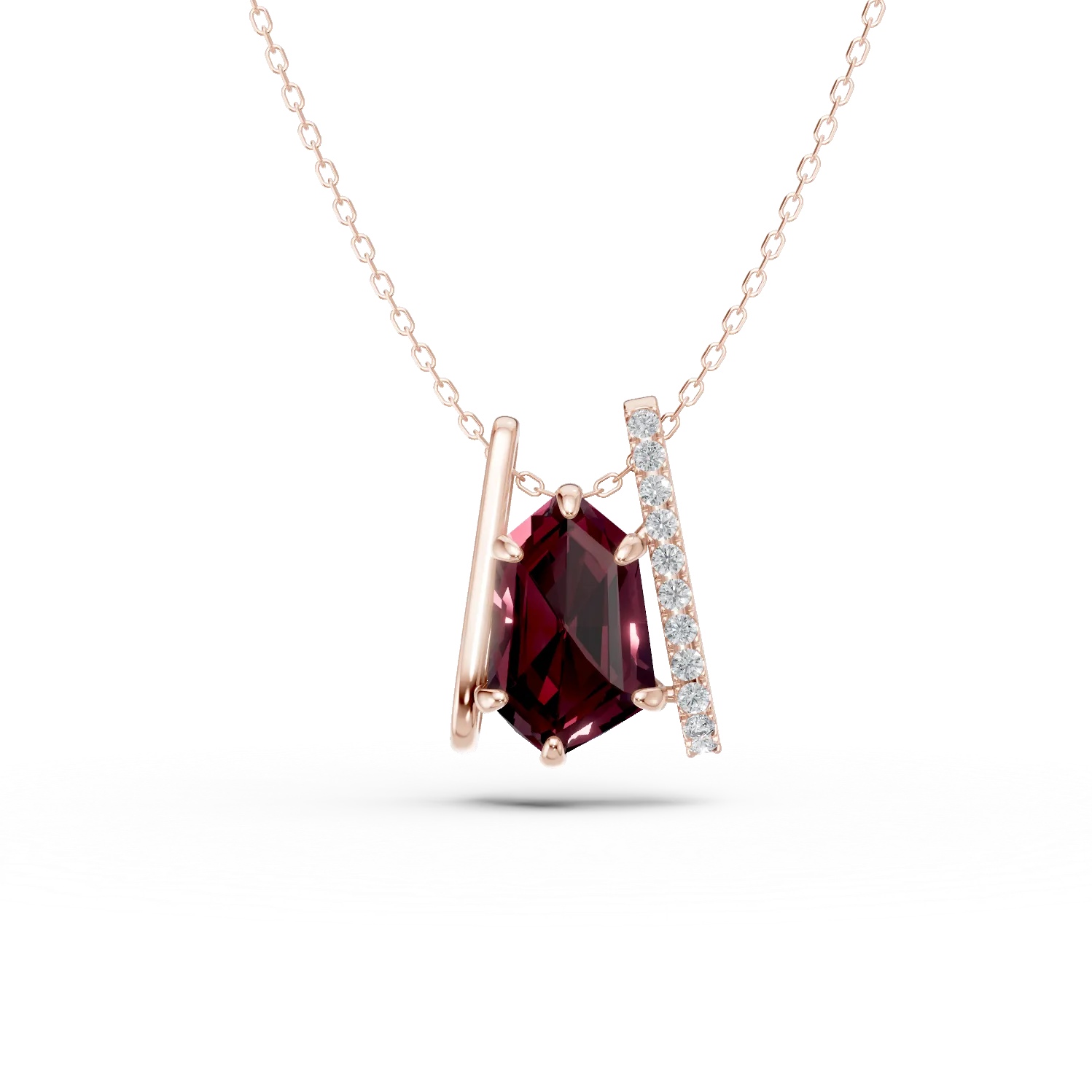 Lant cu pandantiv geometric din aur roz cu granat de 2.6ct si diamante de 0.1ct 1 Lant cu pandantiv geometric din aur roz cu granat de 2.6ct si diamante de 0.1ct