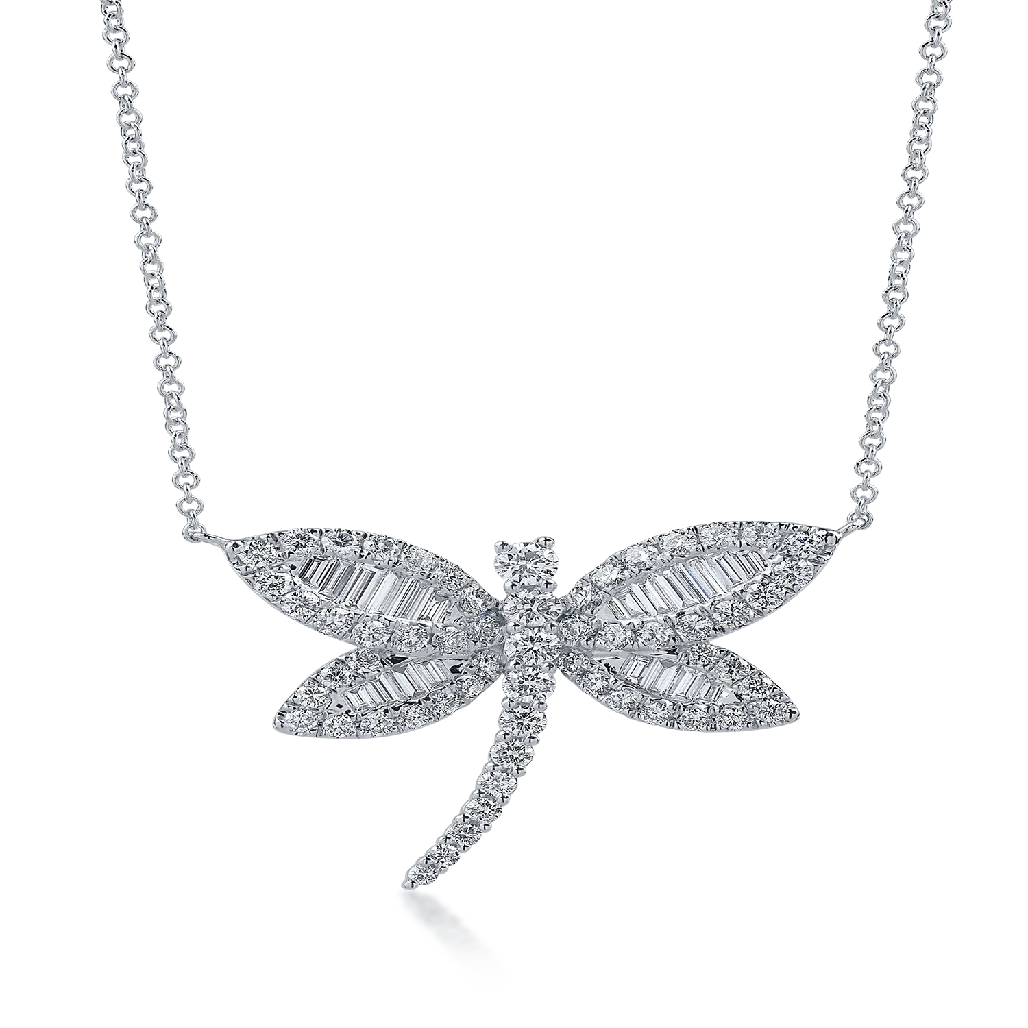 Lant cu pandantiv libelula din aur alb cu diamante baguette si rotunde de 1.96ct