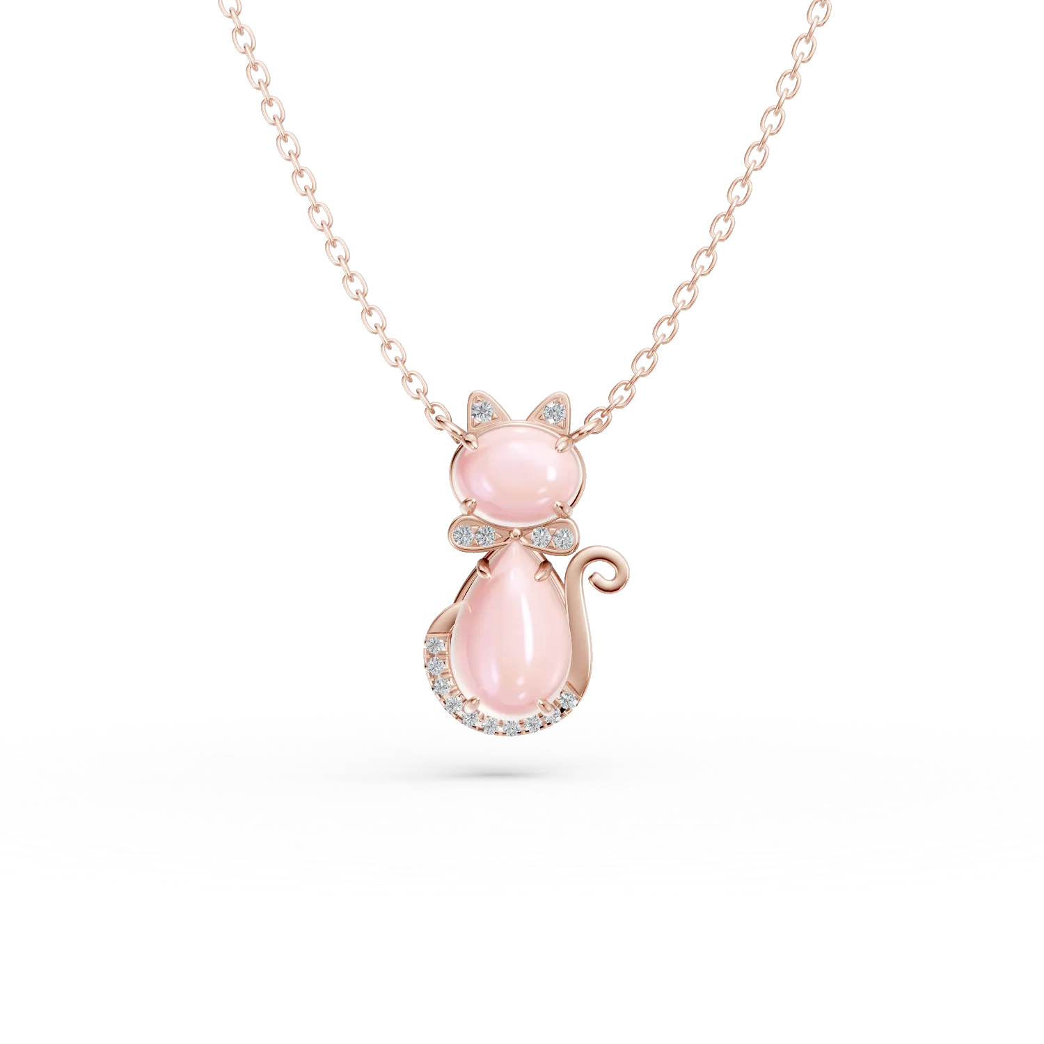 Lant cu pandantiv pisicuta pentru copii din aur roz cu quartz trandafiriu pear si oval de 1.3ct si diamante de 0.03ct