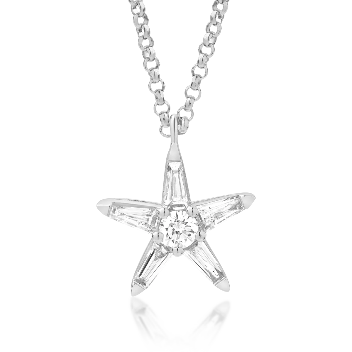 Lant cu pandantiv steluta din aur alb cu diamante baguette si rotunde de 0.27ct