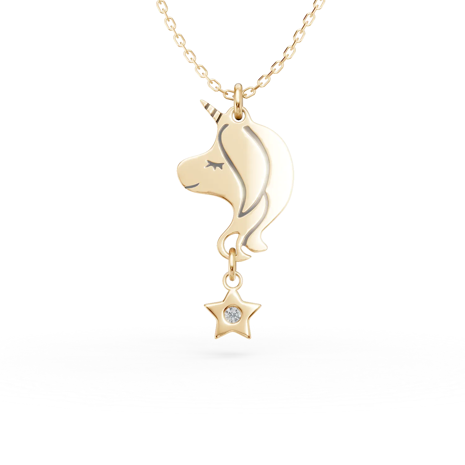 Lant cu pandantiv unicorn din aur galben cu diamant de 0.009ct pentru copii