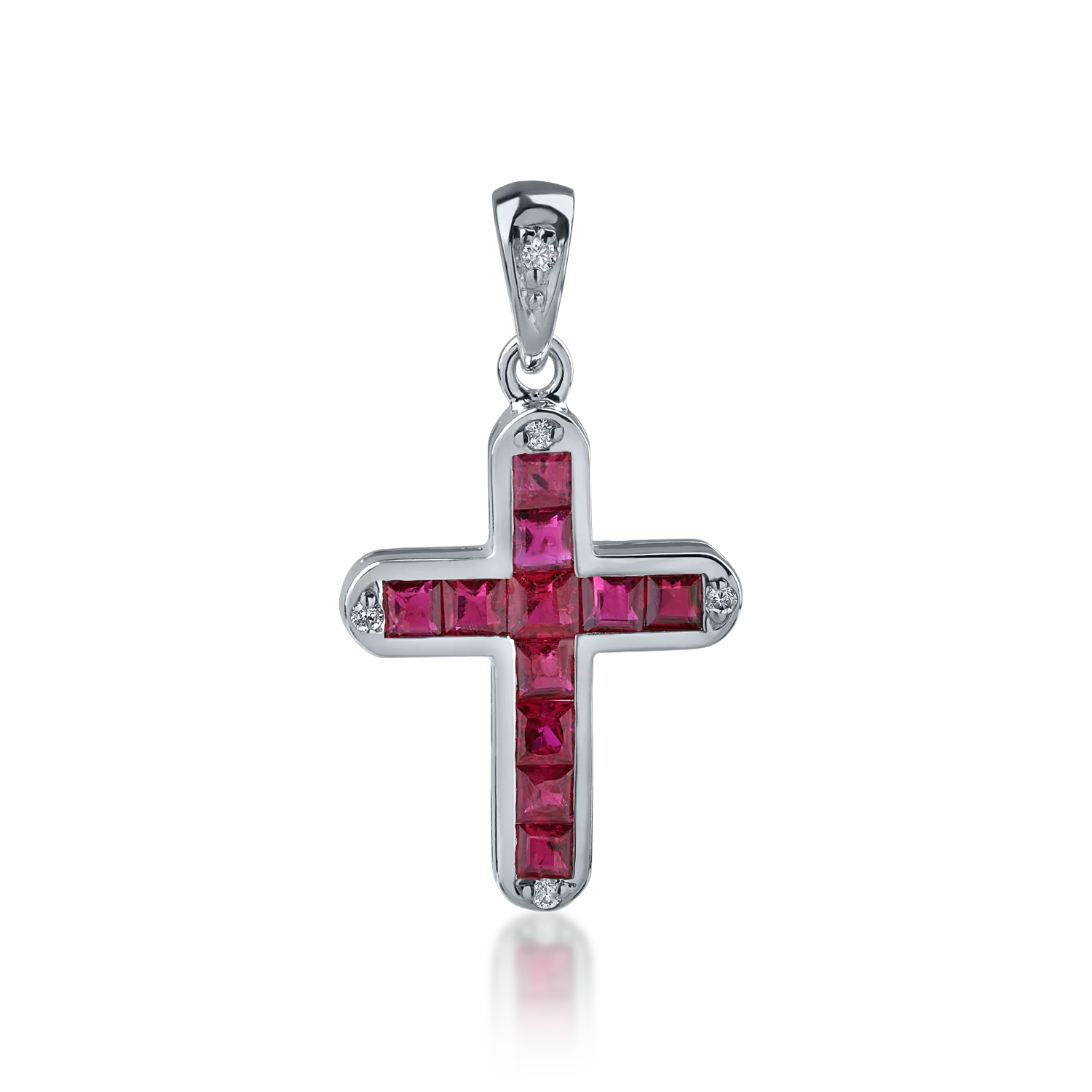 Pandantiv cruce din aur alb cu rubine princess de 0.77ct si diamante de 0.03ct