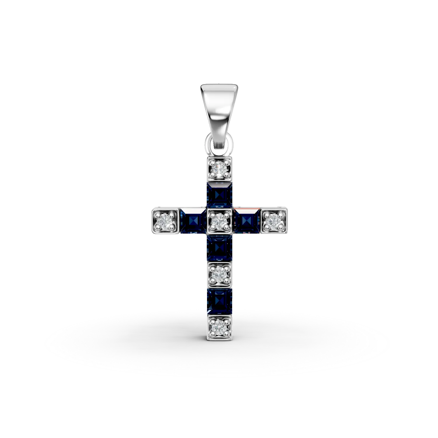 Pandantiv cruce din aur alb cu safire square de 0.29ct si diamante de 0.04ct
