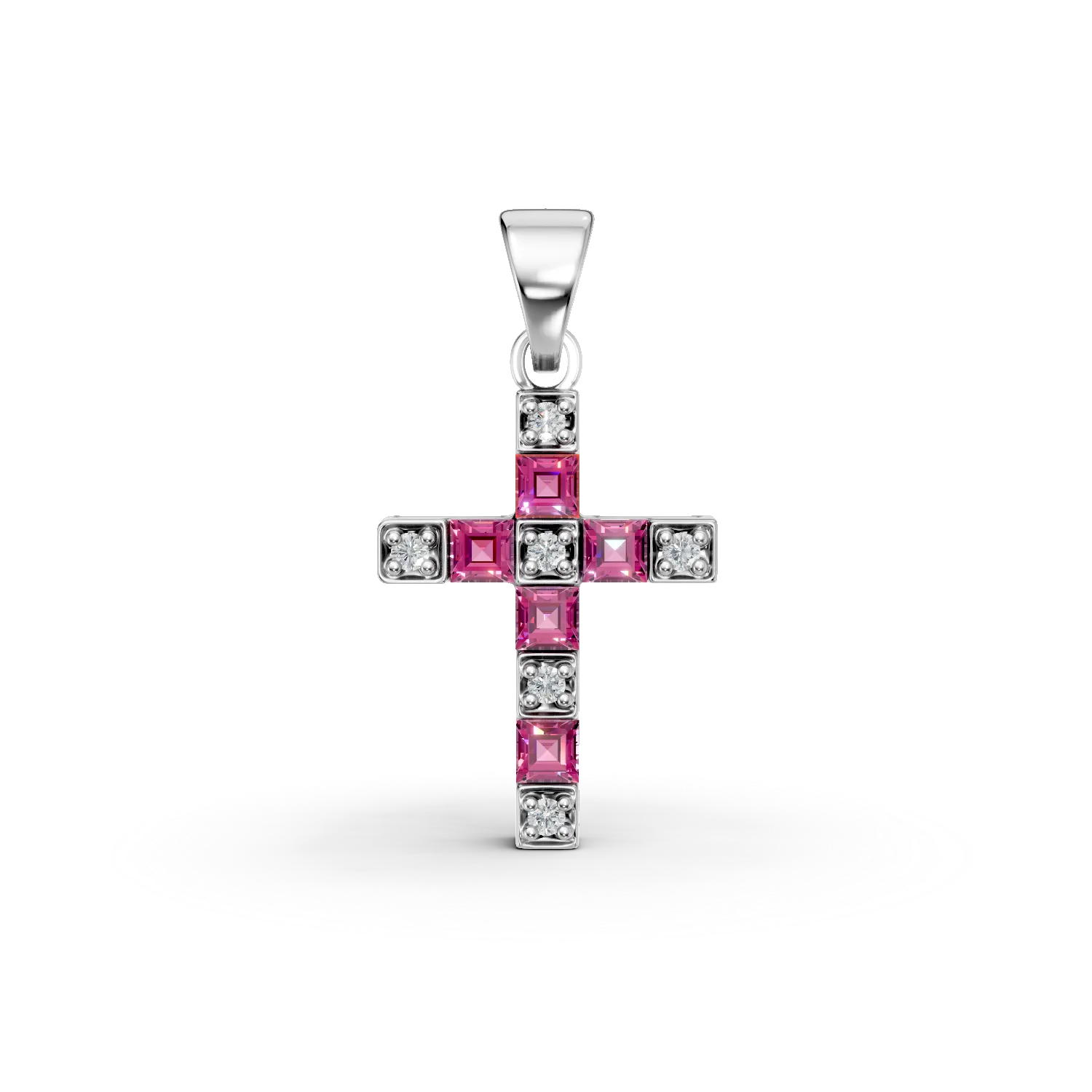 Pandantiv cruce din aur alb cu rubine rectangulare de 0.26ct si diamante de 0.04ct