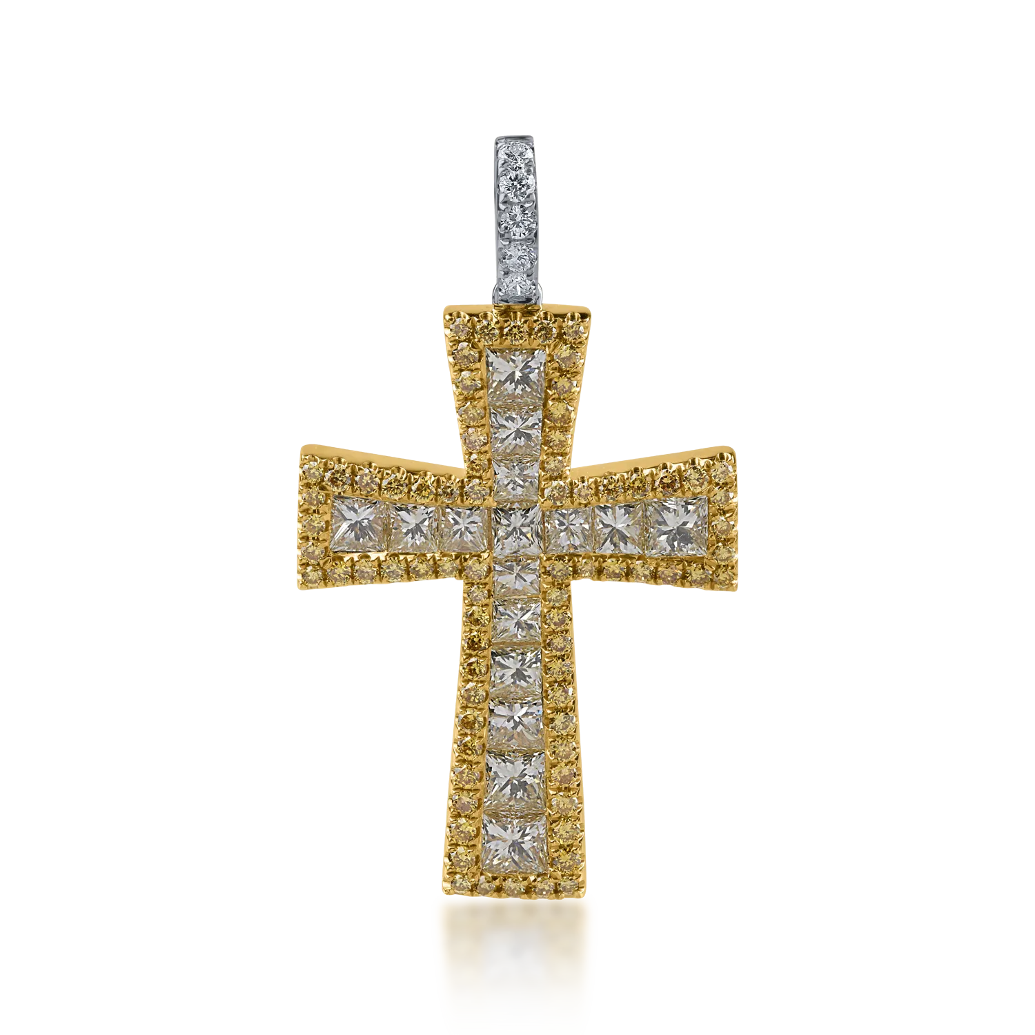 Pandantiv cruce din aur alb-galben cu diamante galbene princess si rotunde de 2.5ct si diamante incolore de 0.08ct