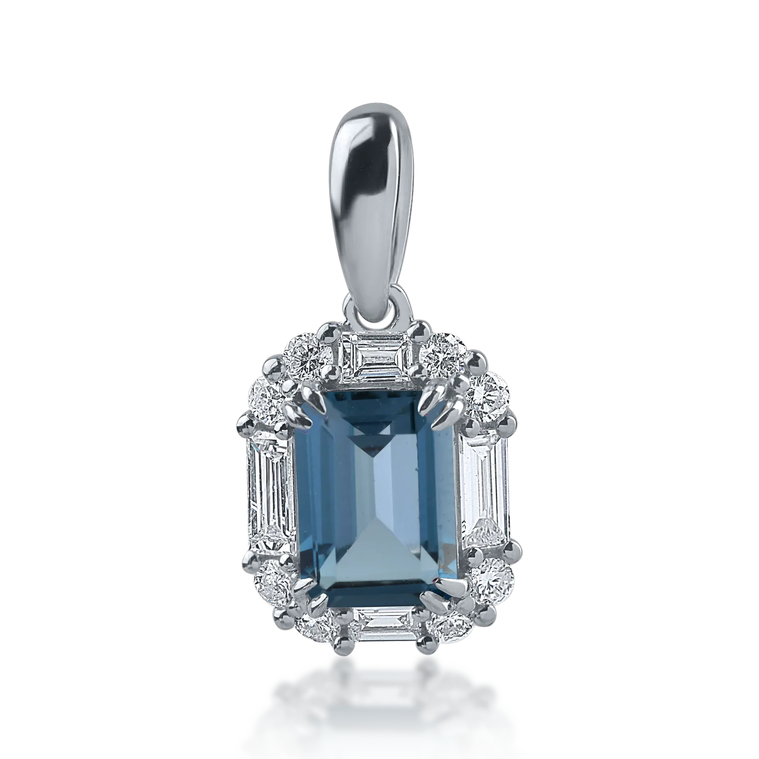 Pandantiv din aur alb cu topaz london blue de 1.17ct si diamante baguette si rotunde de 0.32ct