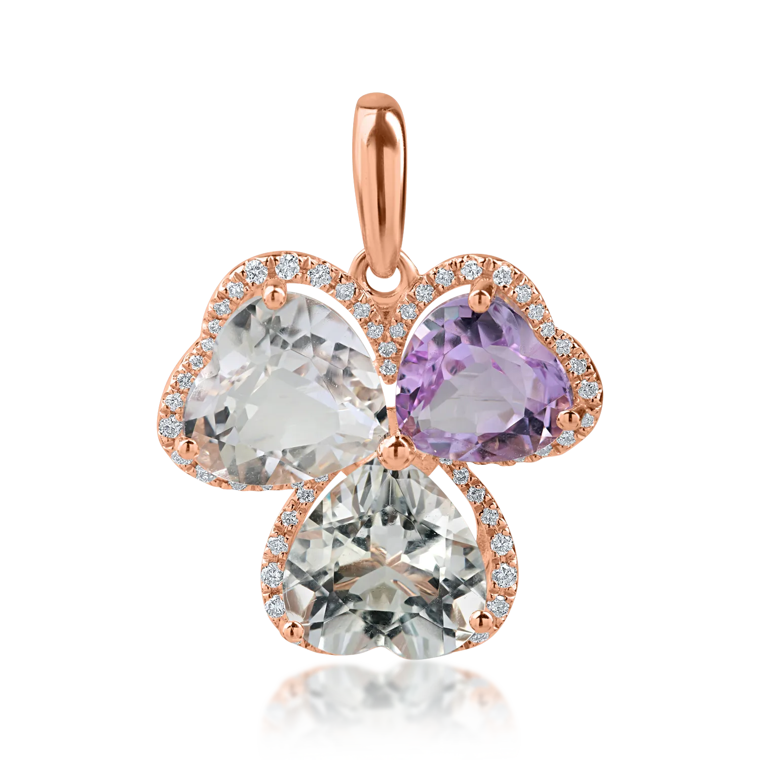 Pandantiv trifoi din aur roz cu ametiste heart de 6.2ct si diamante de 0.2ct